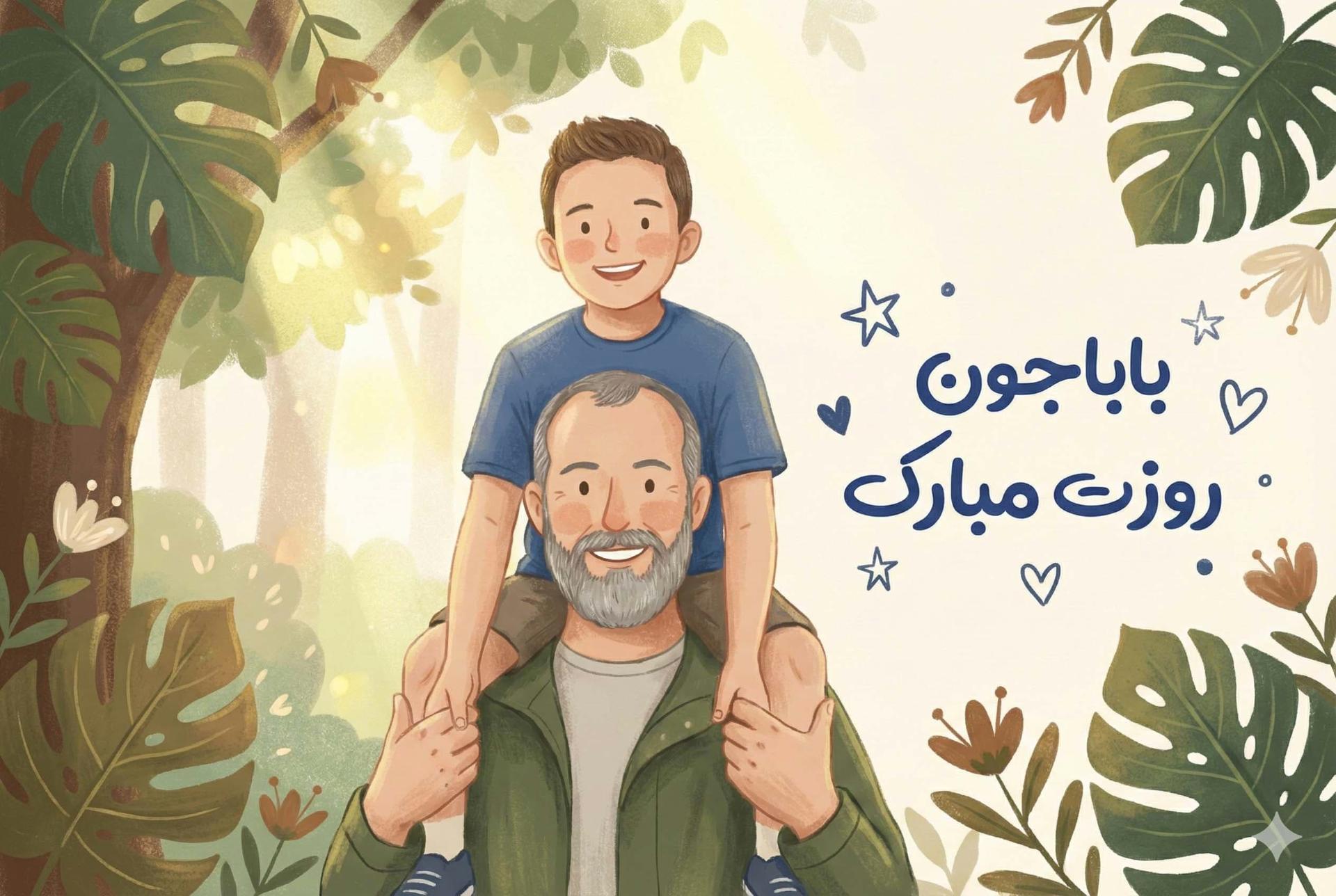 تصویر کارتونی یک پدر که پسرش را روی دوشش سوار کرده برای تبریک روز پدر