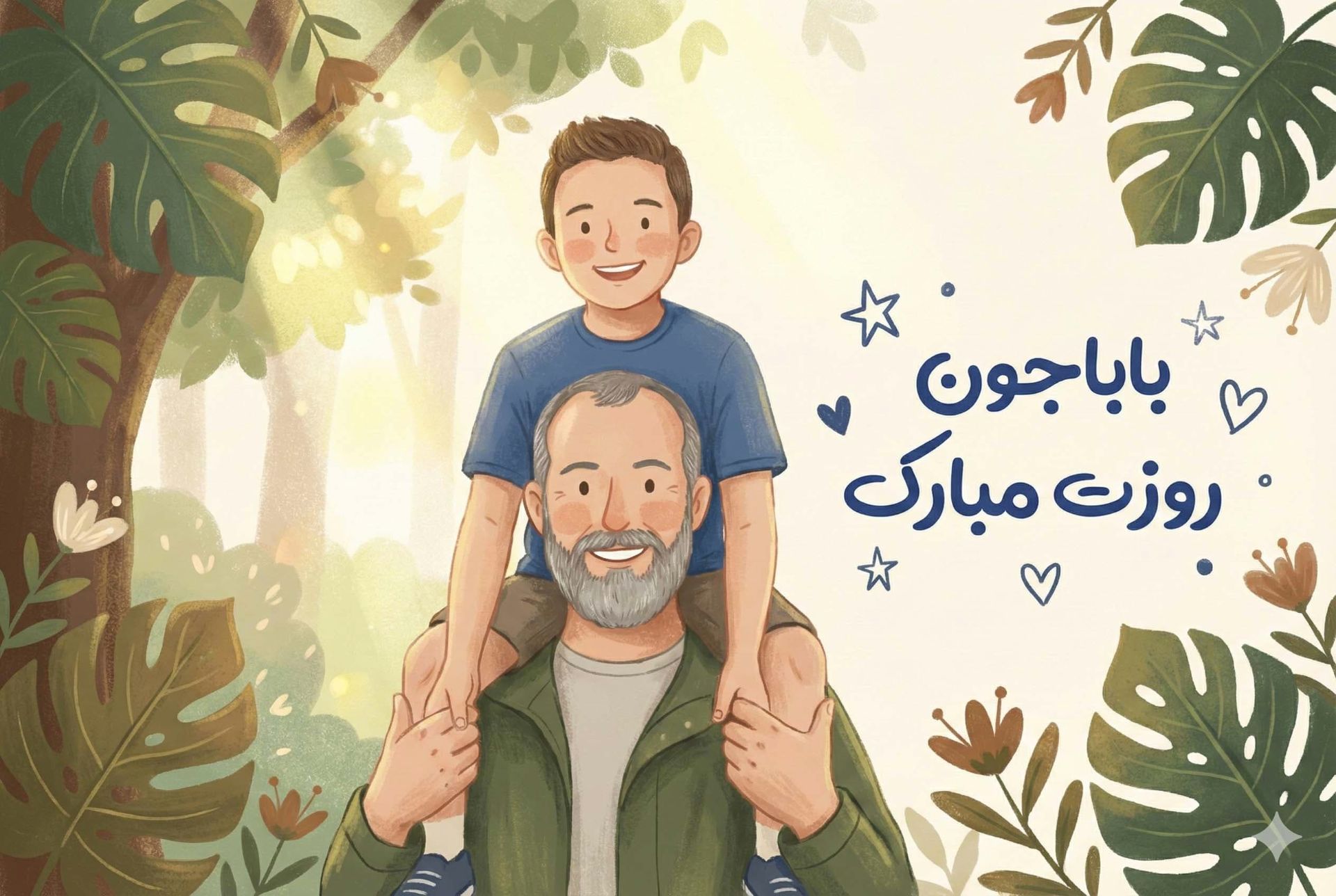 تصویر کارتونی یک پدر که پسرش را روی دوشش سوار کرده برای تبریک روز پدر