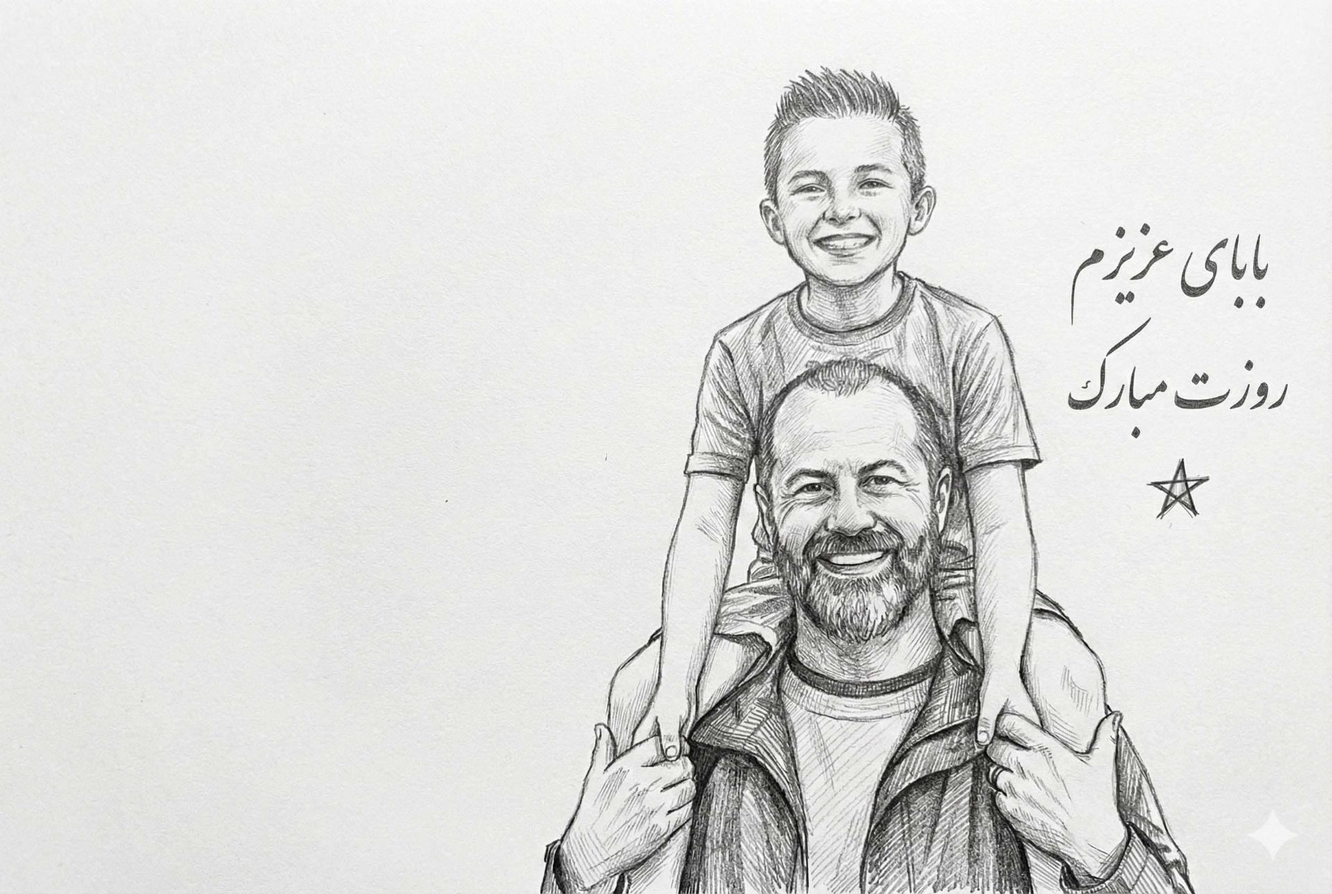 تصویر با استایل نقاشی یک پدر که پسرش را روی دوشش سوار کرده برای تبریک روز پدر