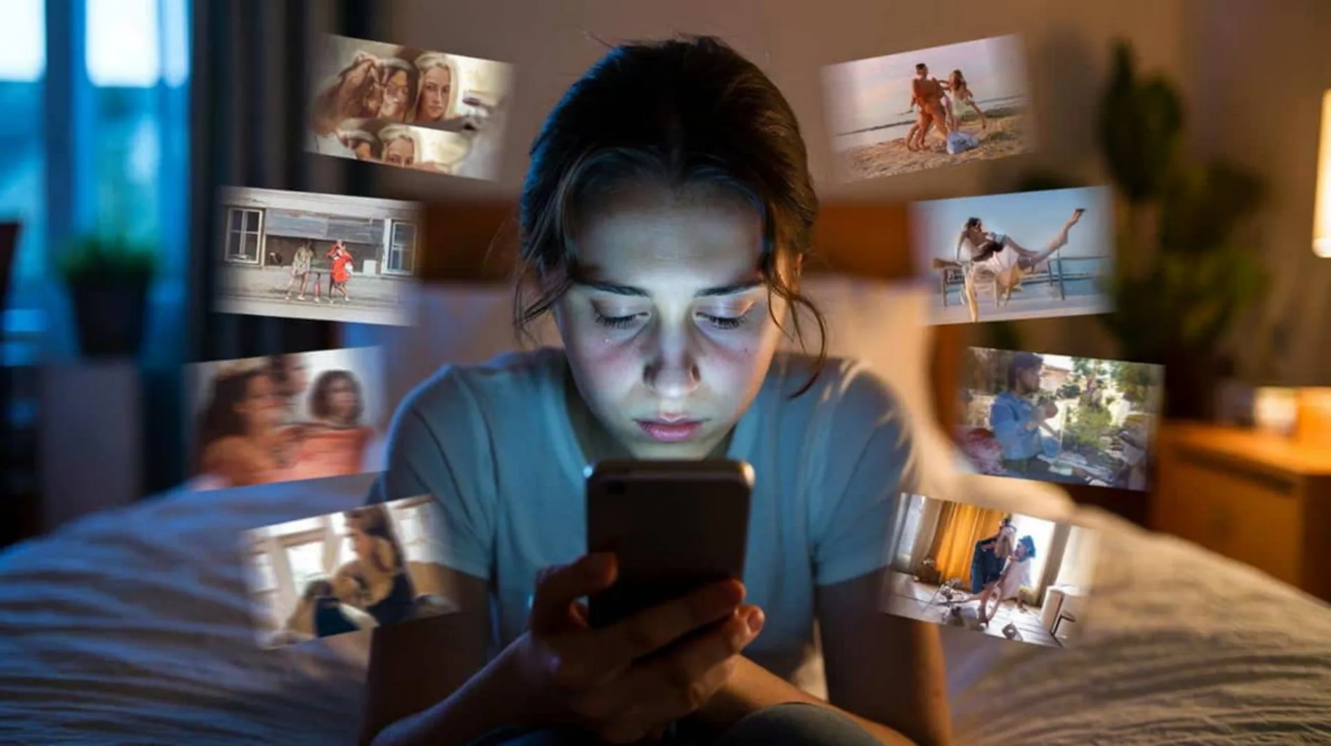 دختری در حال نگاه کردن به تصاویر شبکه‌های اجتماعی