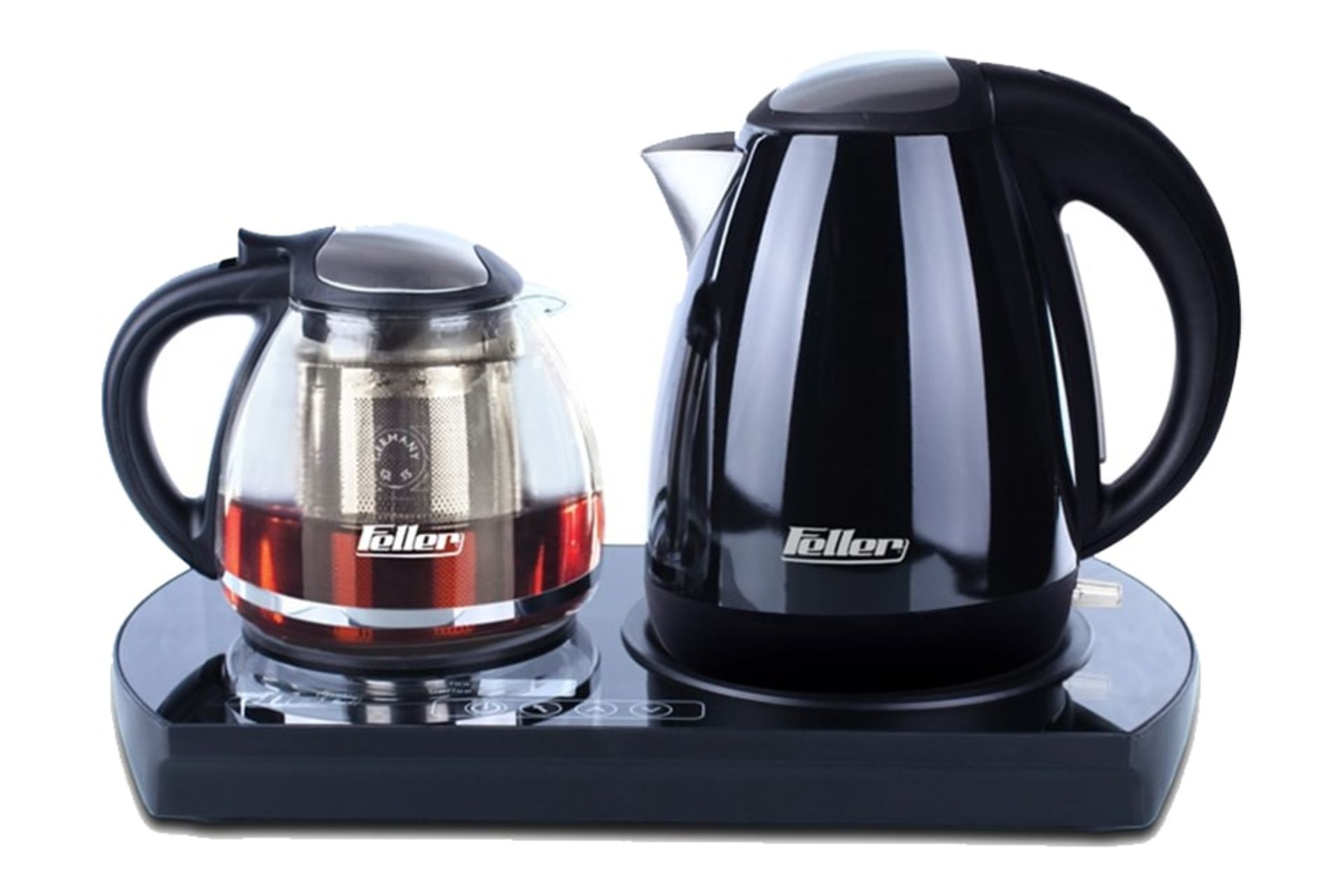 نمای کلی چای ساز فلر TS 113 با نمایش کتری و قوری رنگ مشکی