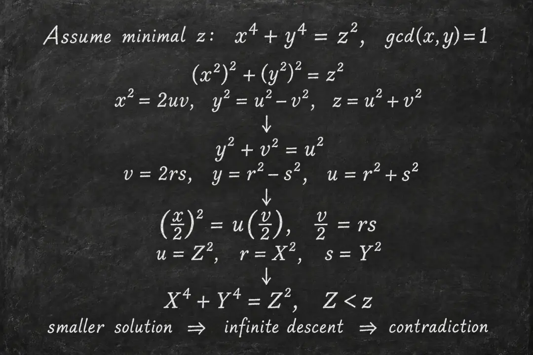 فرمول‌های ریاضی اثبات قضیه فرما (Fermat's Last Theorem) روی تخته سیاه