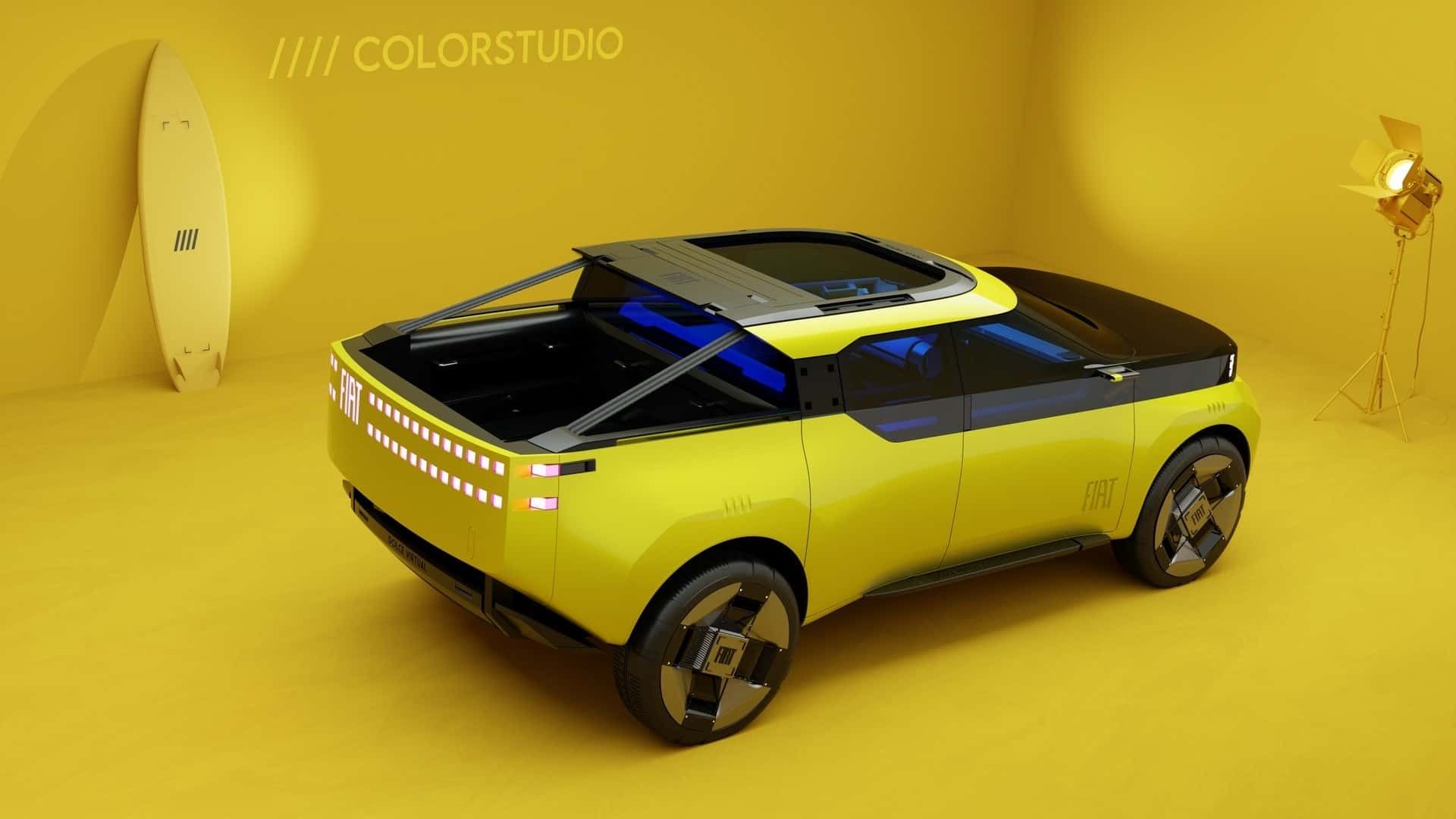 خودروی مفهومی فیات پاندا پیکاپ از نمای بالا و عقب رنگ زرد