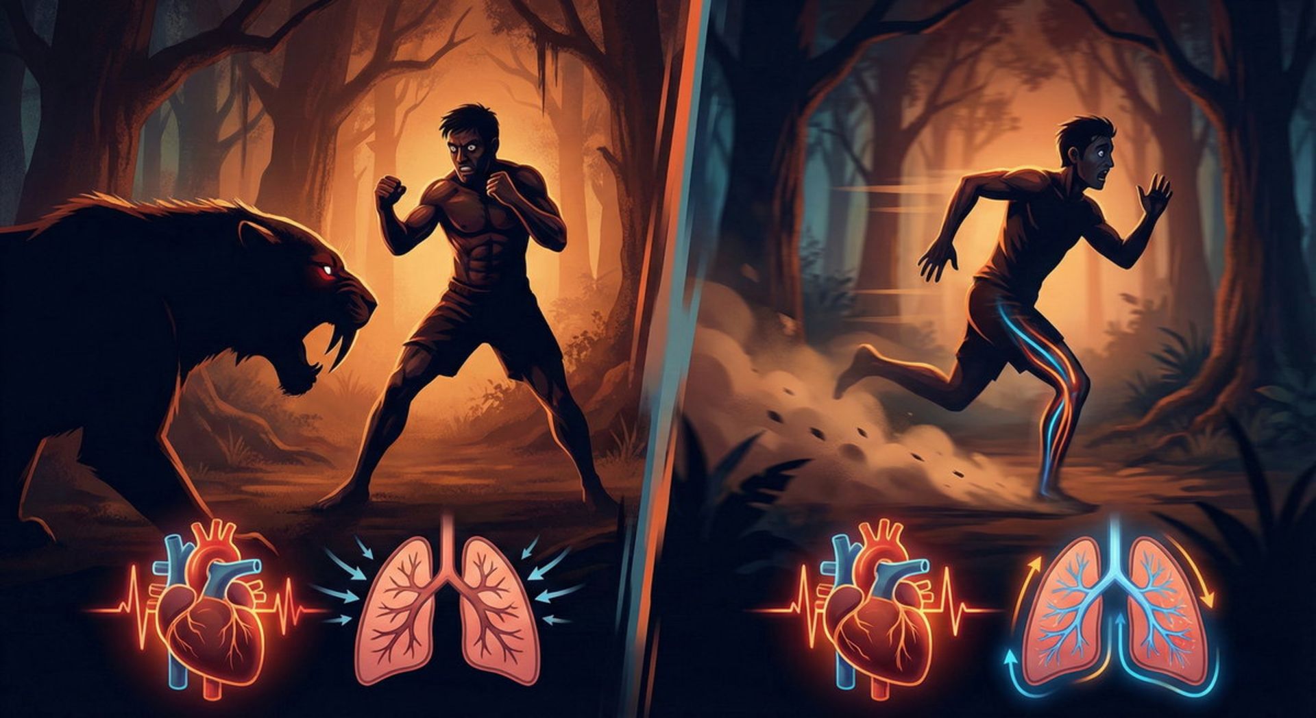 تصویری دو بخشی، مردی آماده جنگ حیوان درنده در سمت چپ و مردی در حال فرار در سمت راست
