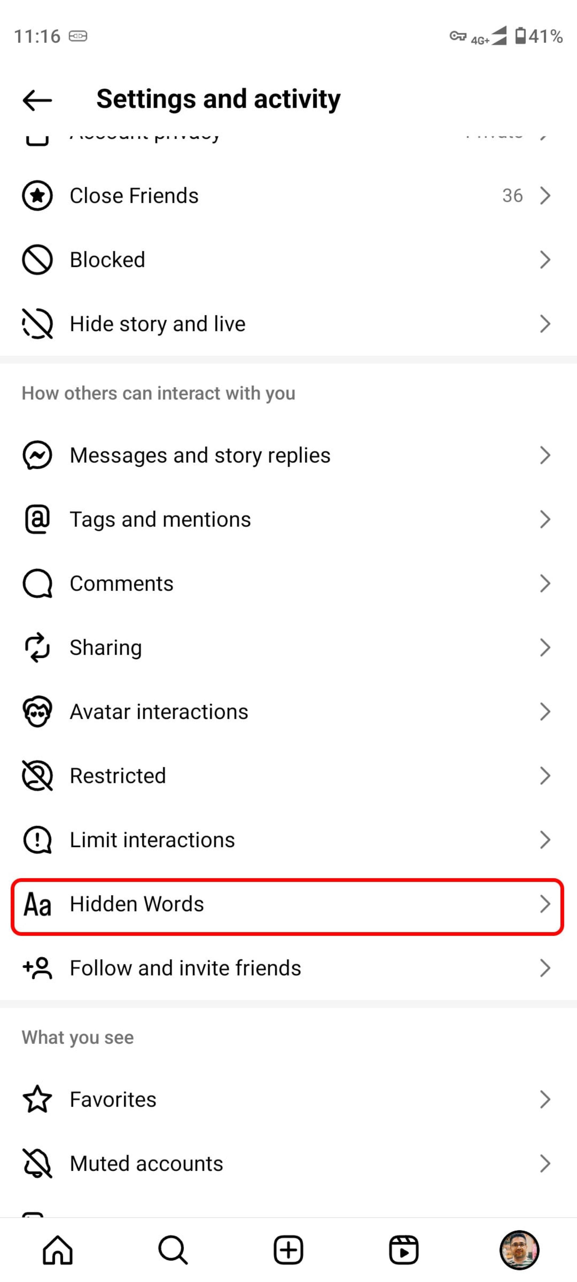 صفحه‌ Settings and activity page اینستاگرام