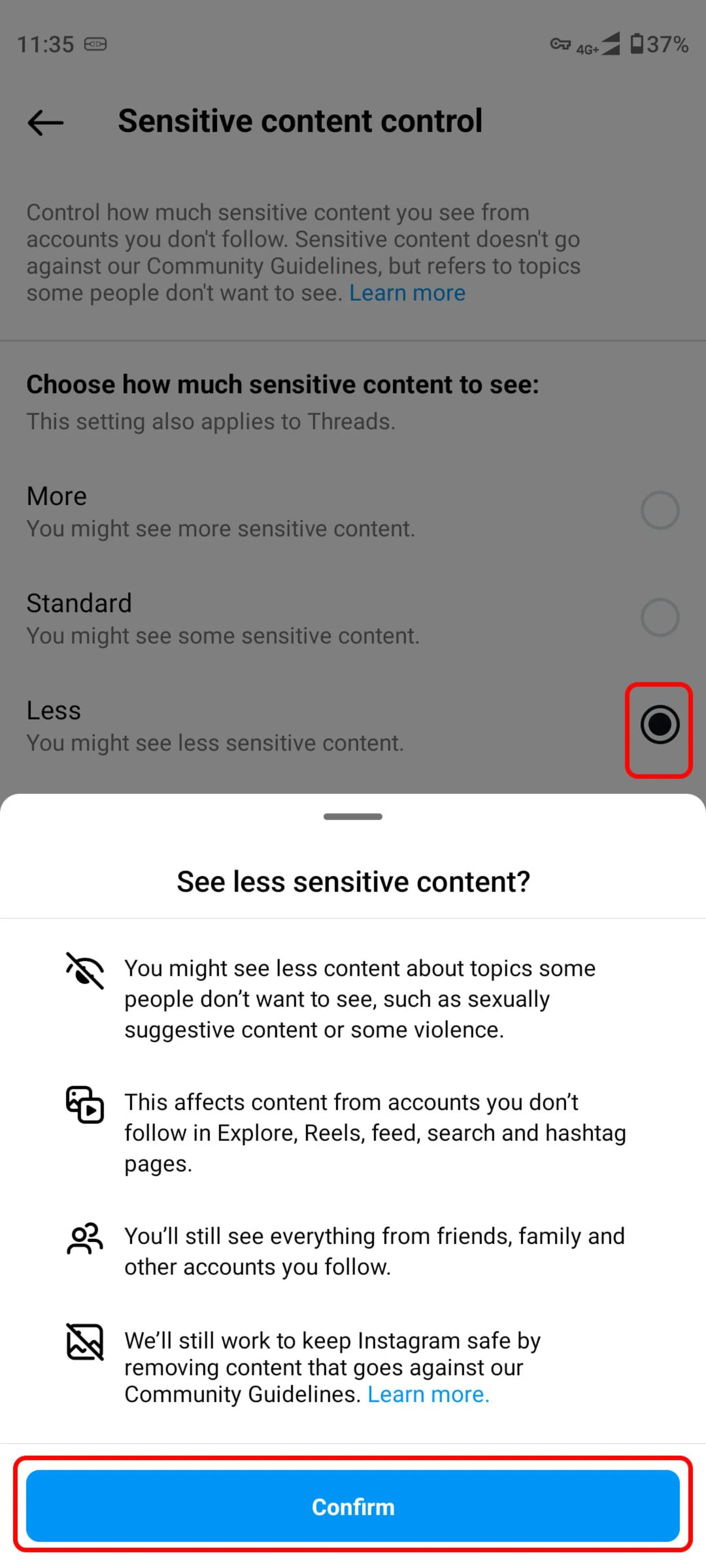 انتخاب گزینه‌ Less و Confirm برای فعال کردن گزینه‌ Sensitive Content Control