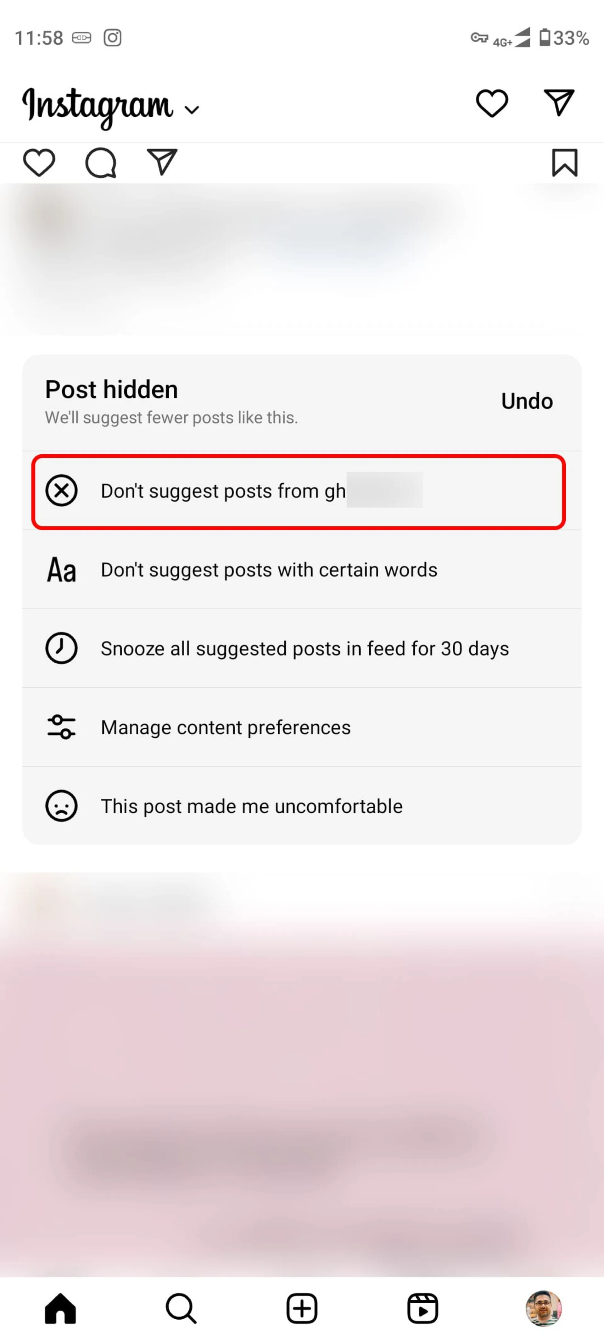 گزینه‌ Don't suggest posts from [account name] برای مشاهده نکردن هیچ پستی از پروفایل مربوطه
