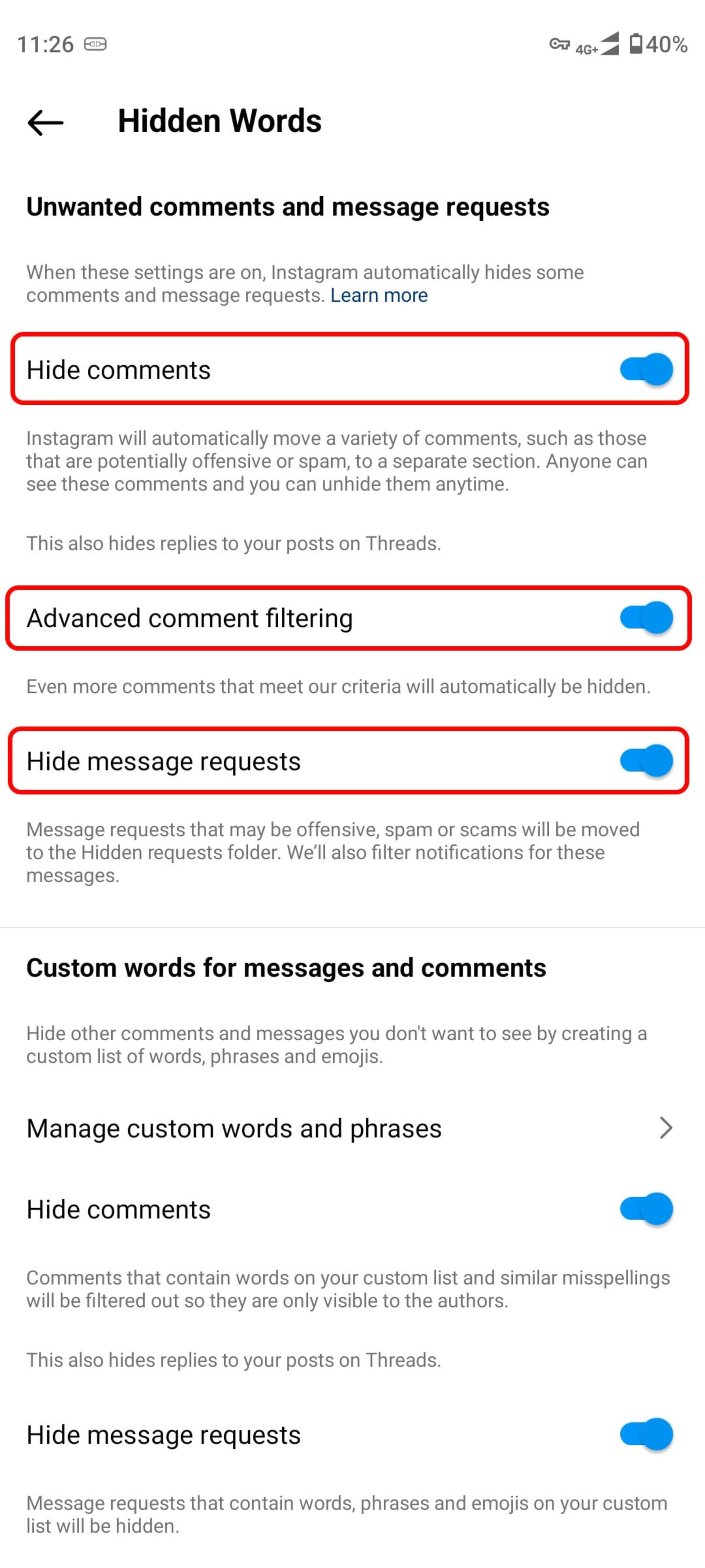 دکمه‌ های Hide comments و Advanced comment filtering و Hide message requests