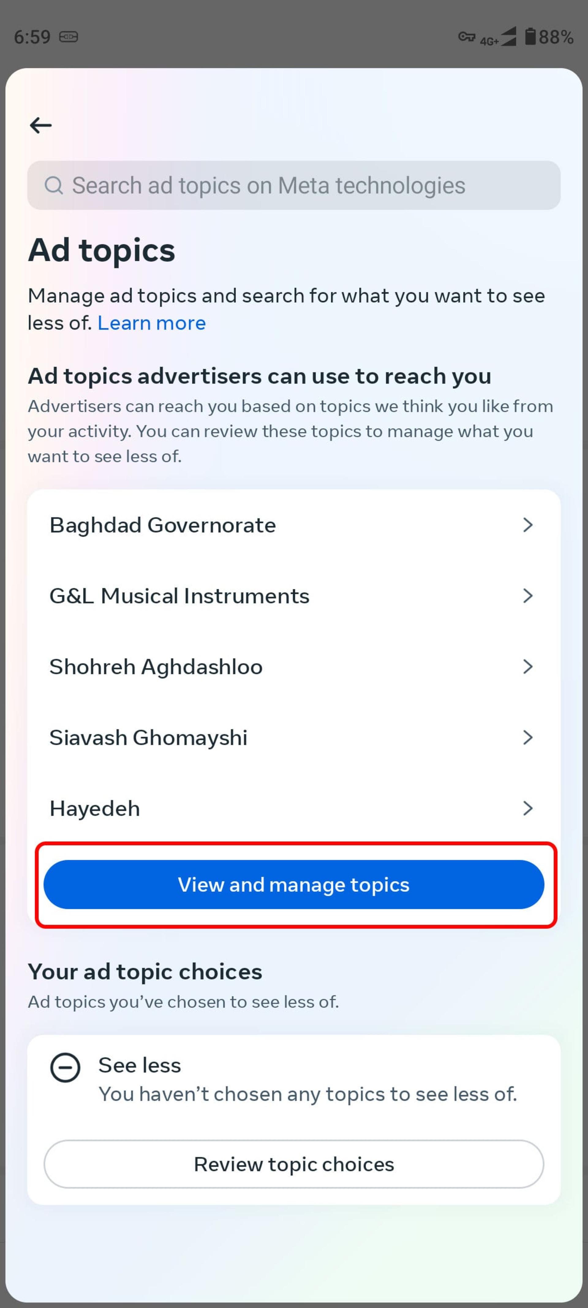 انتخاب گزینه View and manage topics برای مدیریت فهرست علاقه‌مندی‌ ها