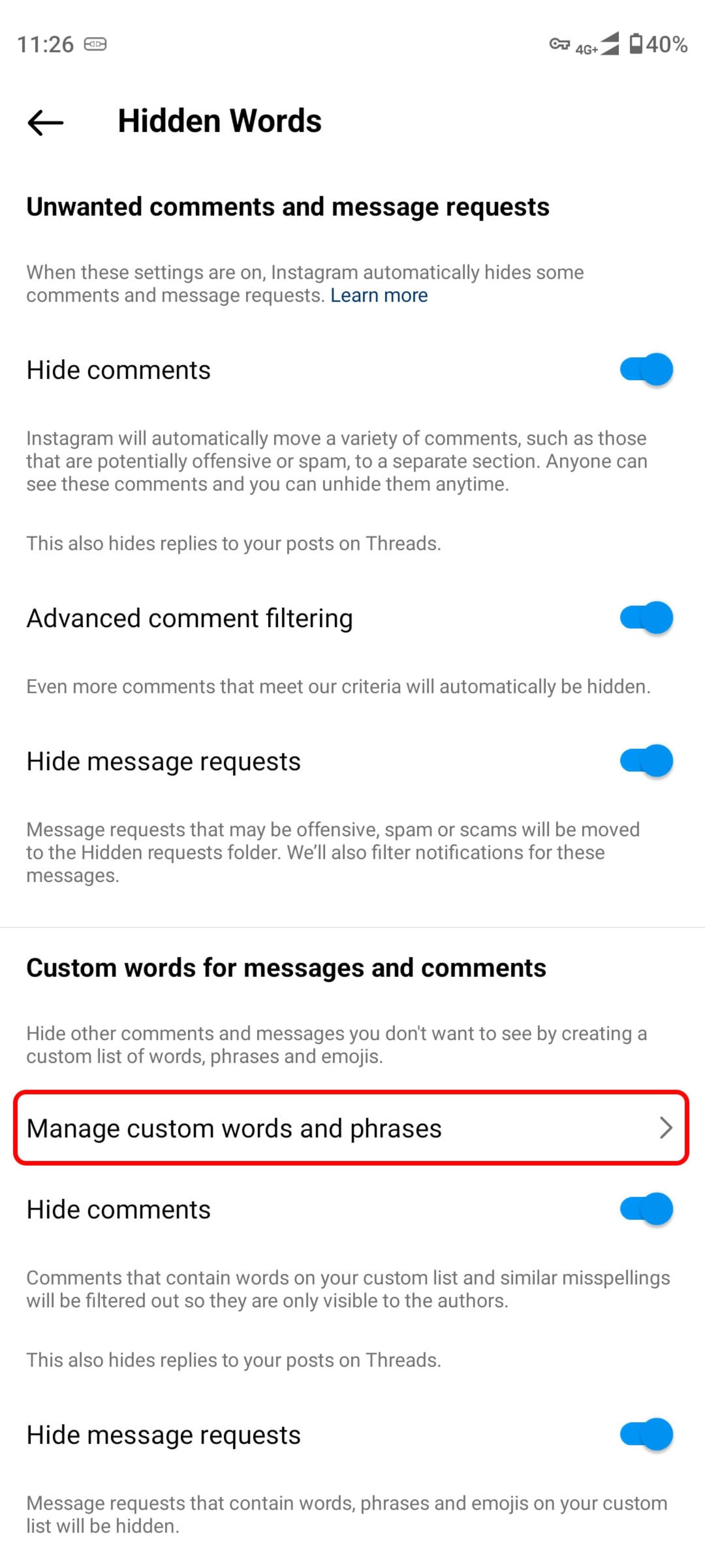 منوی Manage custom words and phrases برای پنهان کردن نظرهای اینستاگرام