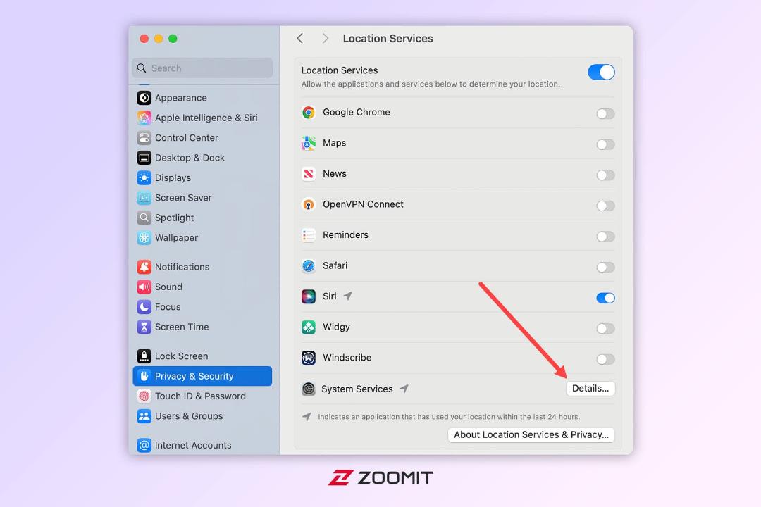 تنظیمات Location Services در مک بوک