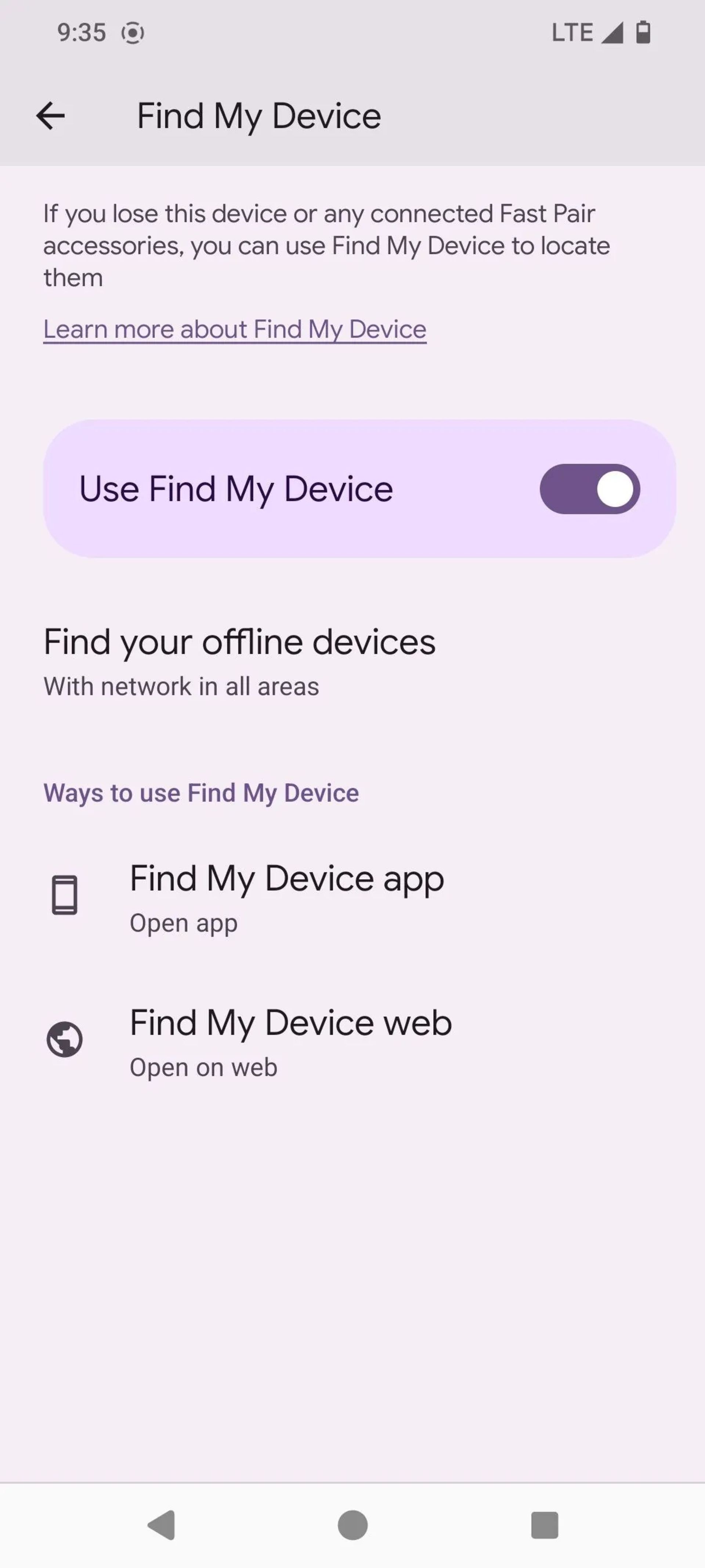 بخش عضویت در سرویس Find My Device گوگل