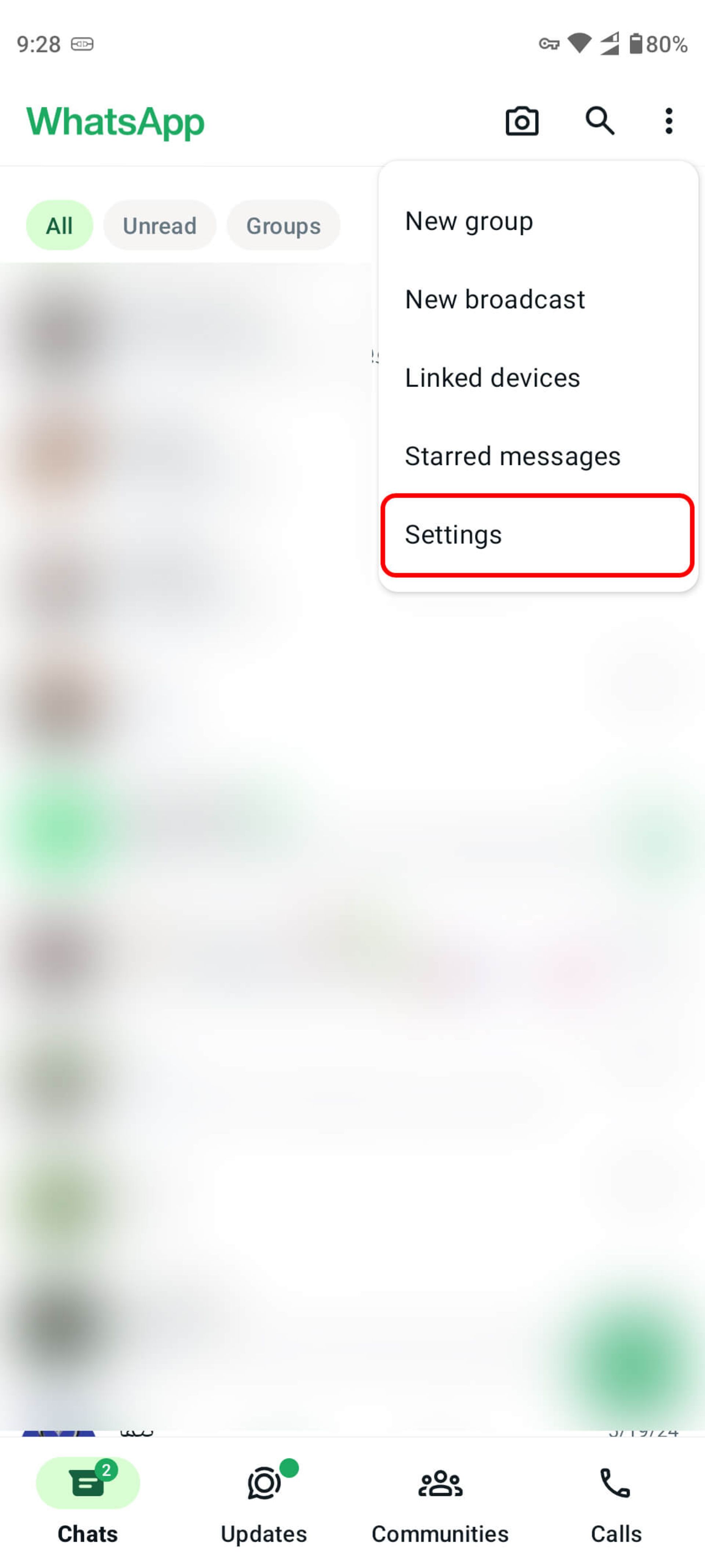 بازکردن واتساپ و انتخاب تنظیمات (Settings) برای پیدا کردن شماره واتساپ