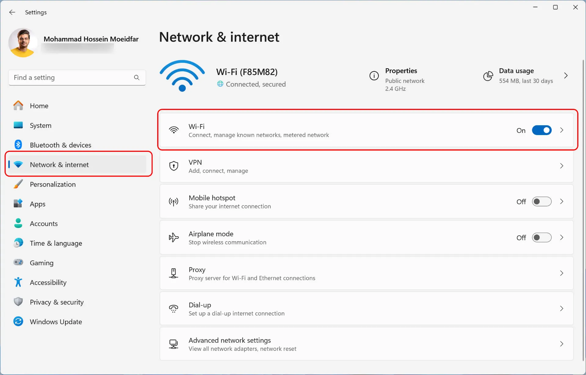 بازکردن تنظیمات (Settings) در ویندوز ۱۱ و انتخاب Network & internet