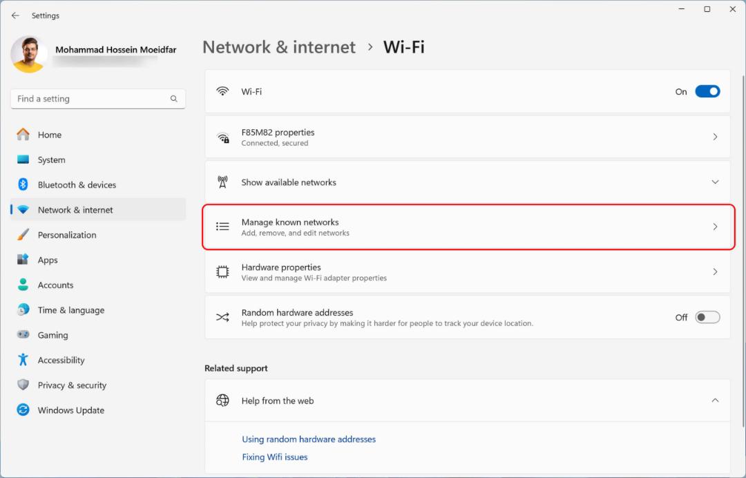 انتخاب گزینه Manage known networks در ویندوز ۱۱