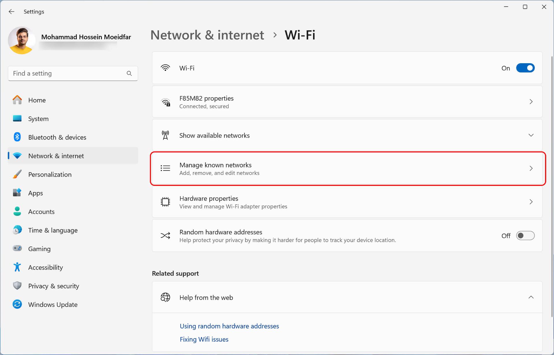 انتخاب گزینه Manage known networks در ویندوز ۱۱