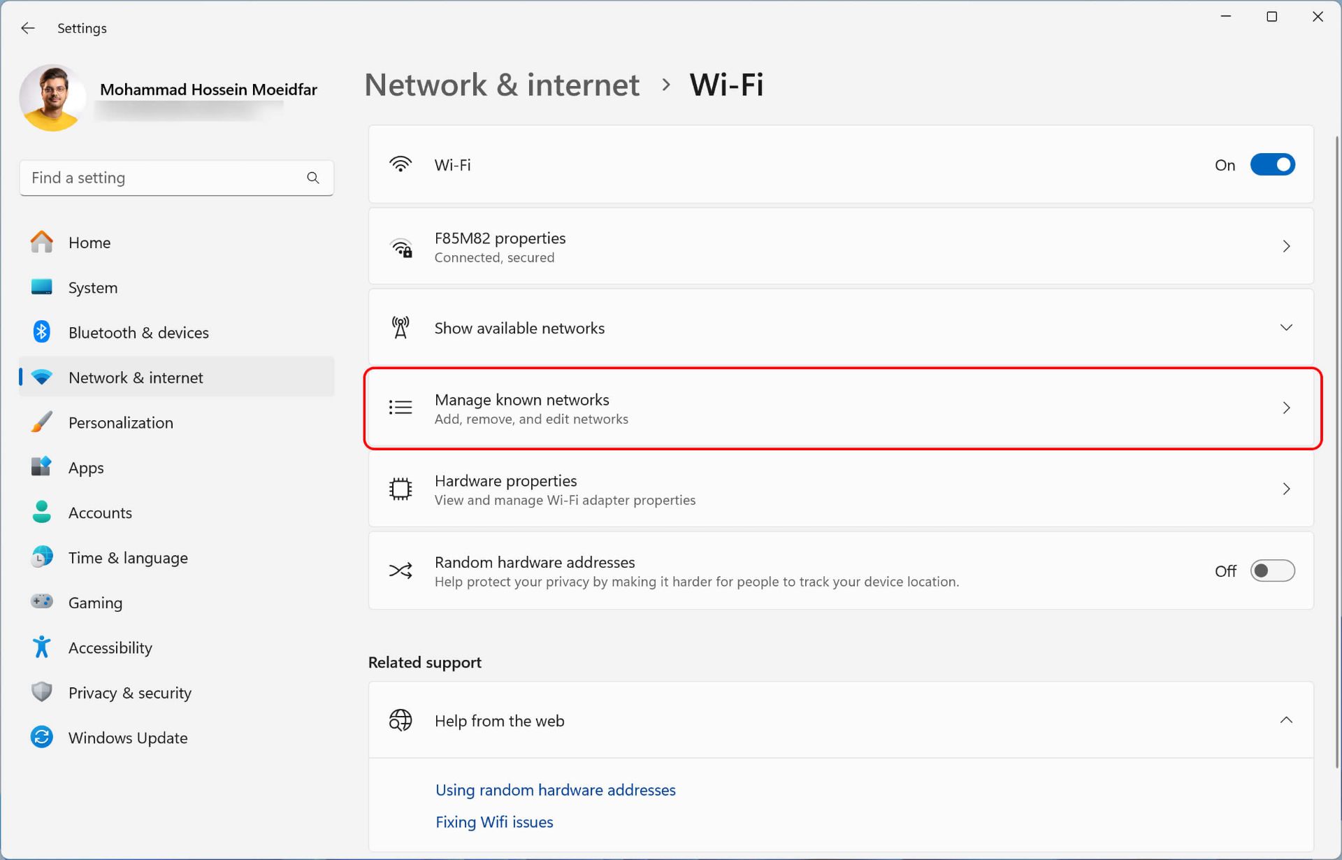 انتخاب گزینه Manage known networks در ویندوز ۱۱