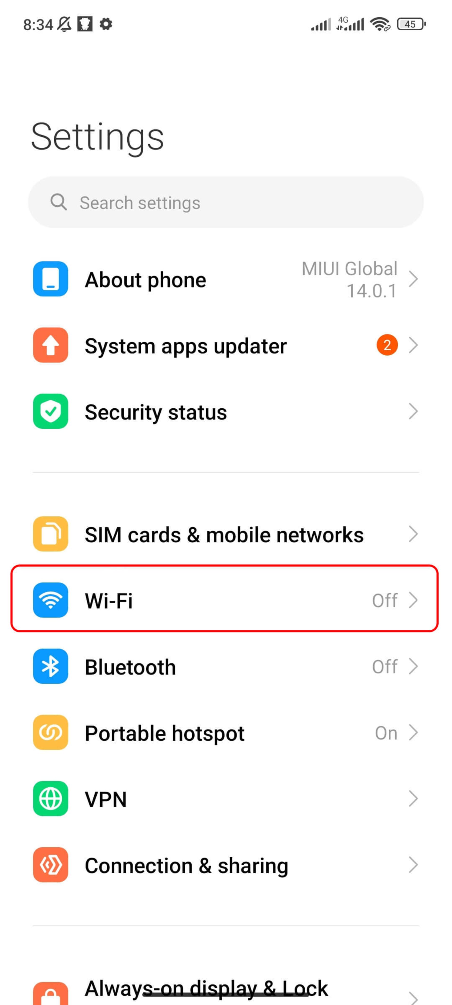 بخش تنظیمات (Settings) گوشی شیائومی