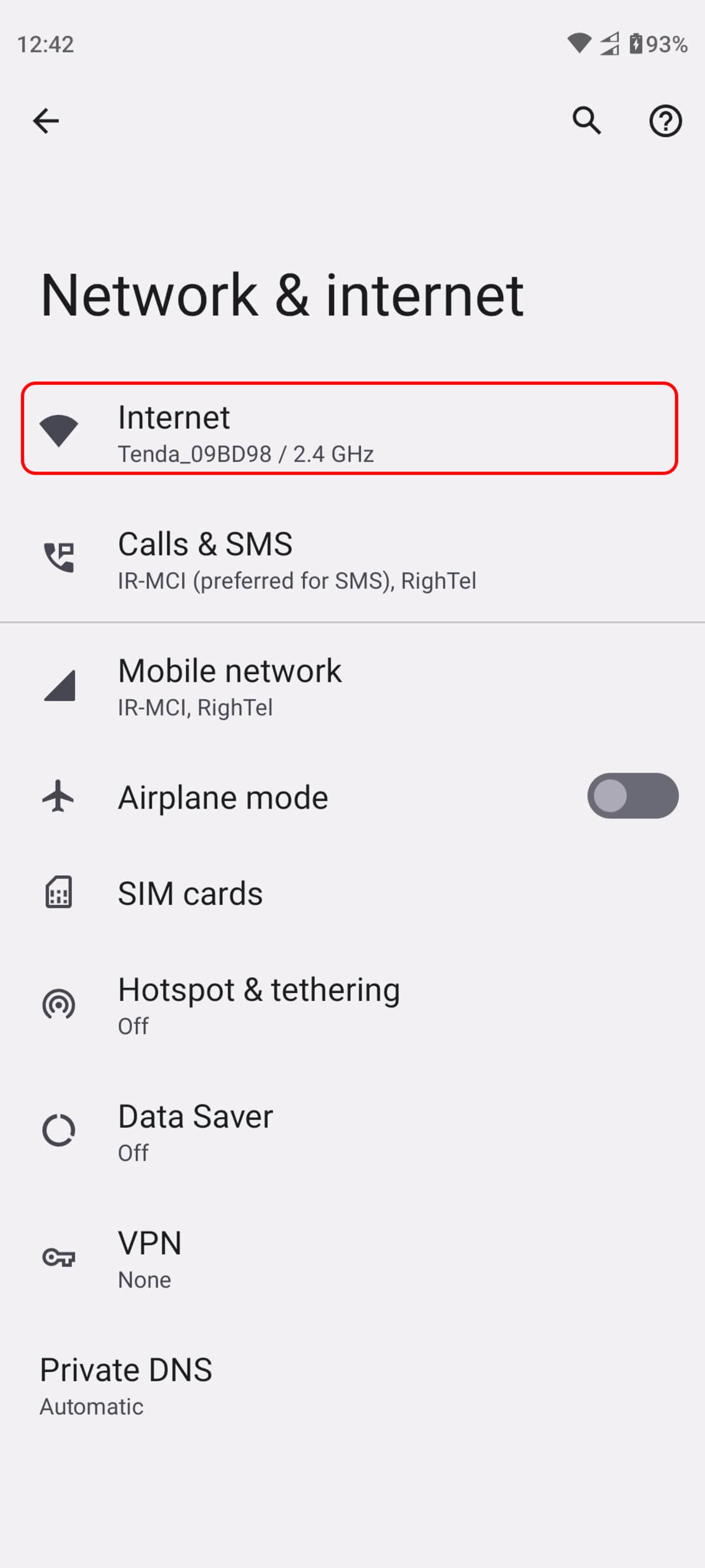انتخاب گزینه Internet در تنظیمات گوشی اندروید