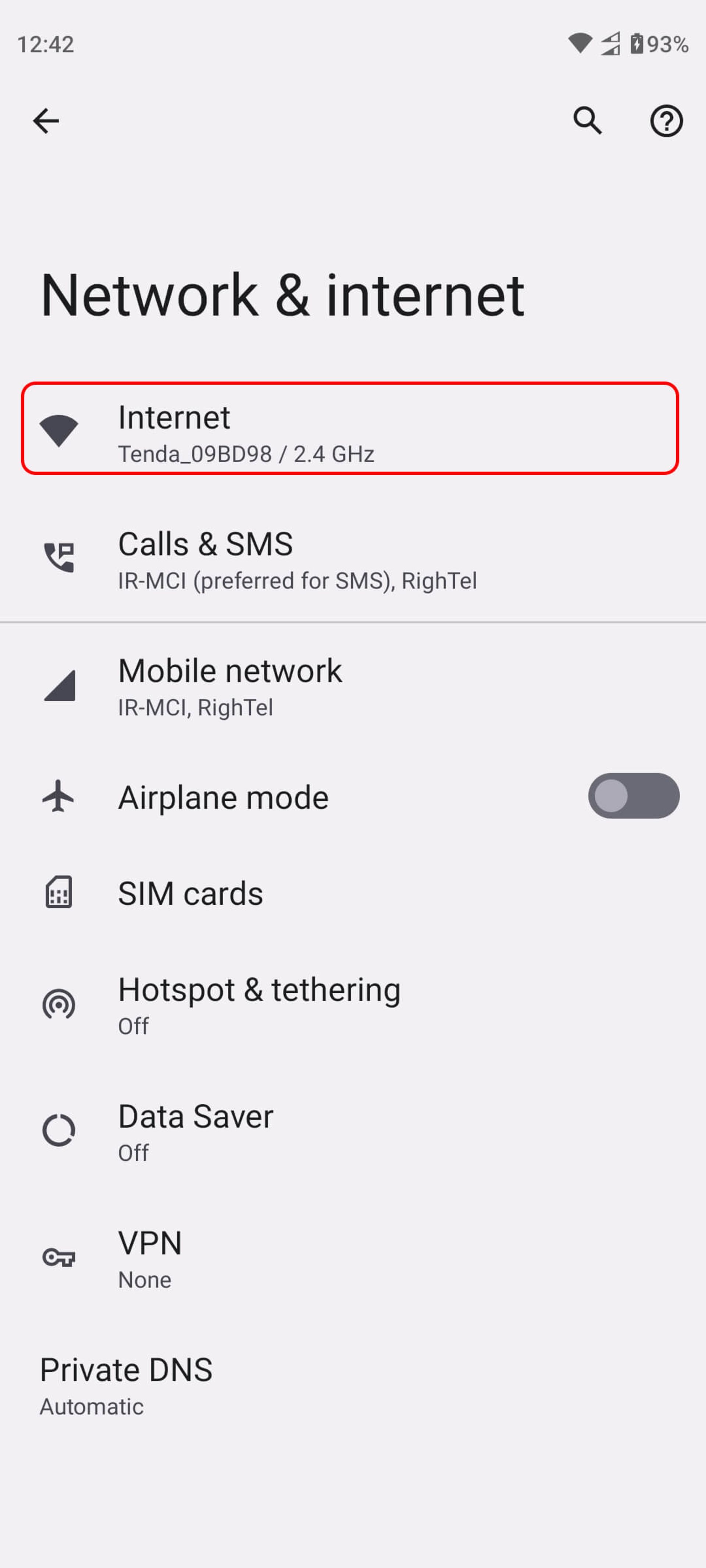انتخاب گزینه Internet در تنظیمات گوشی اندروید