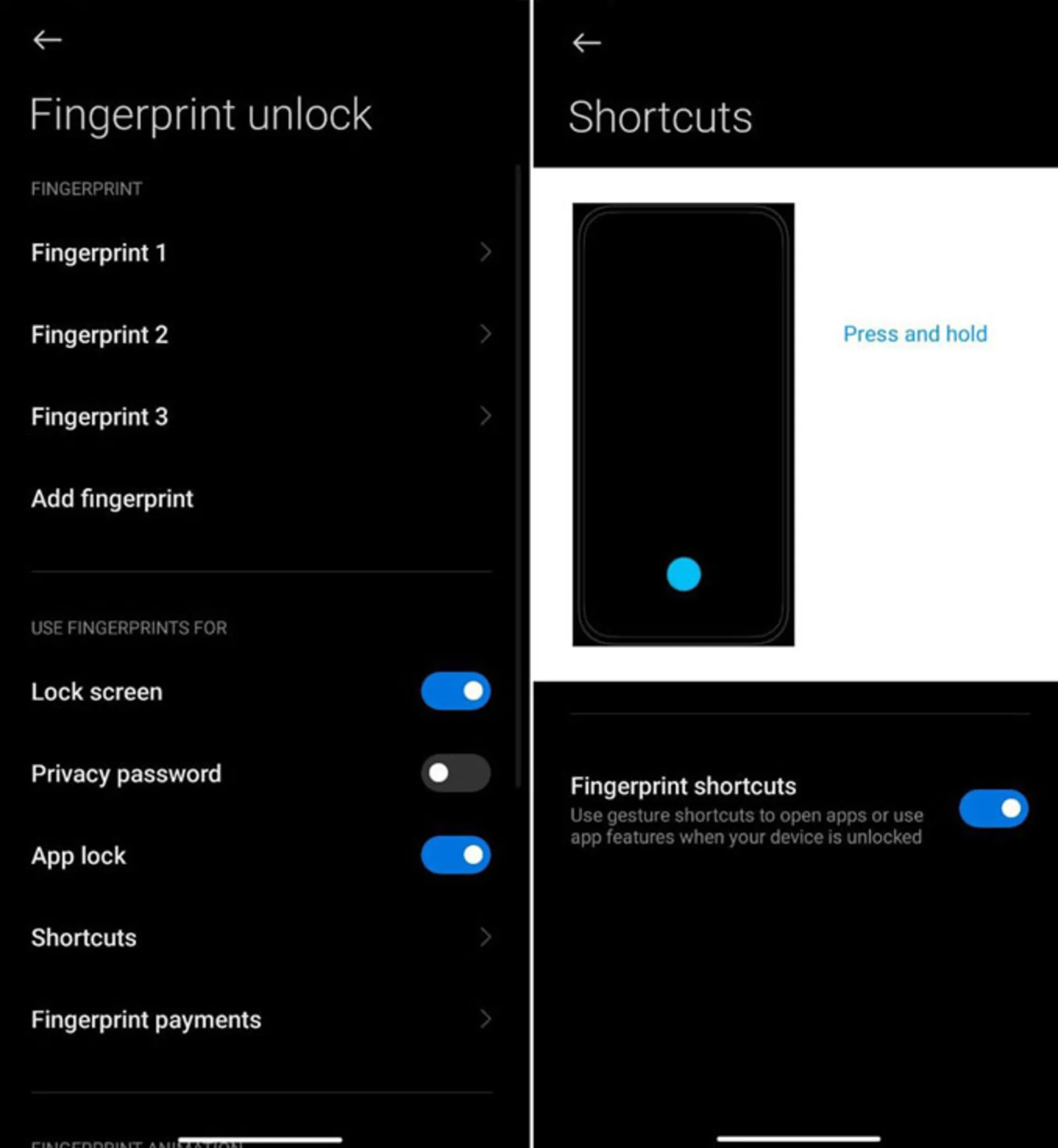 فعالسازی قابلیت Fingerprint Shortcut