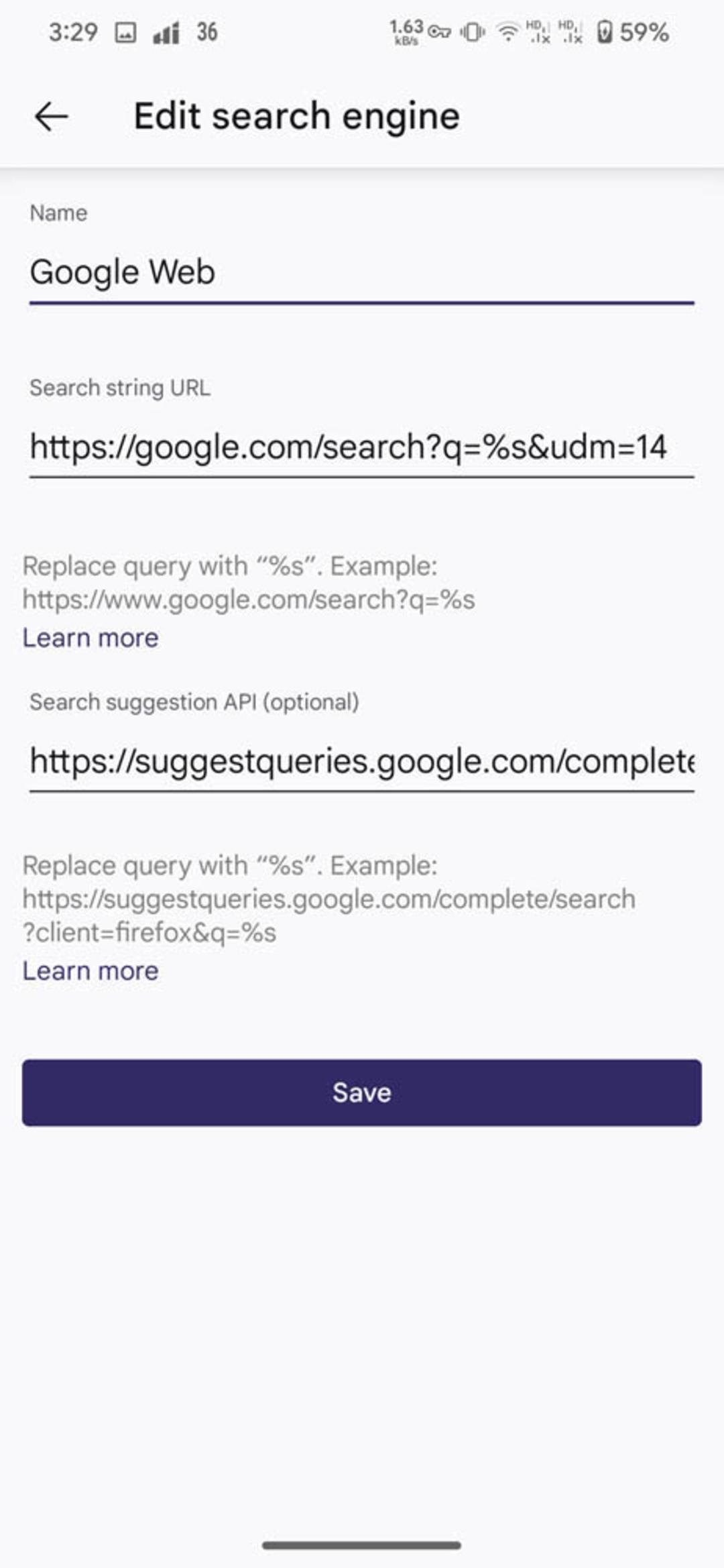 تنظیمات موتور جست‌وجوی سفارشی در فایرفاکس موبایل برای اضافه کردن Google Web