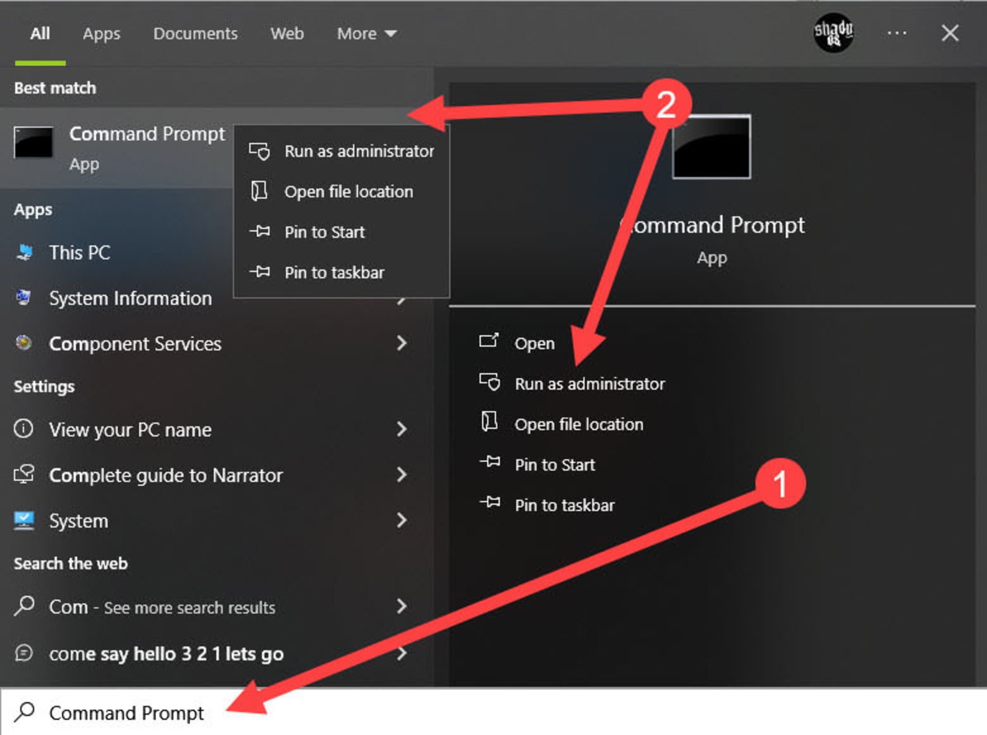 جستجوی Command Prompt در منوی استارت ویندوز ۱۰