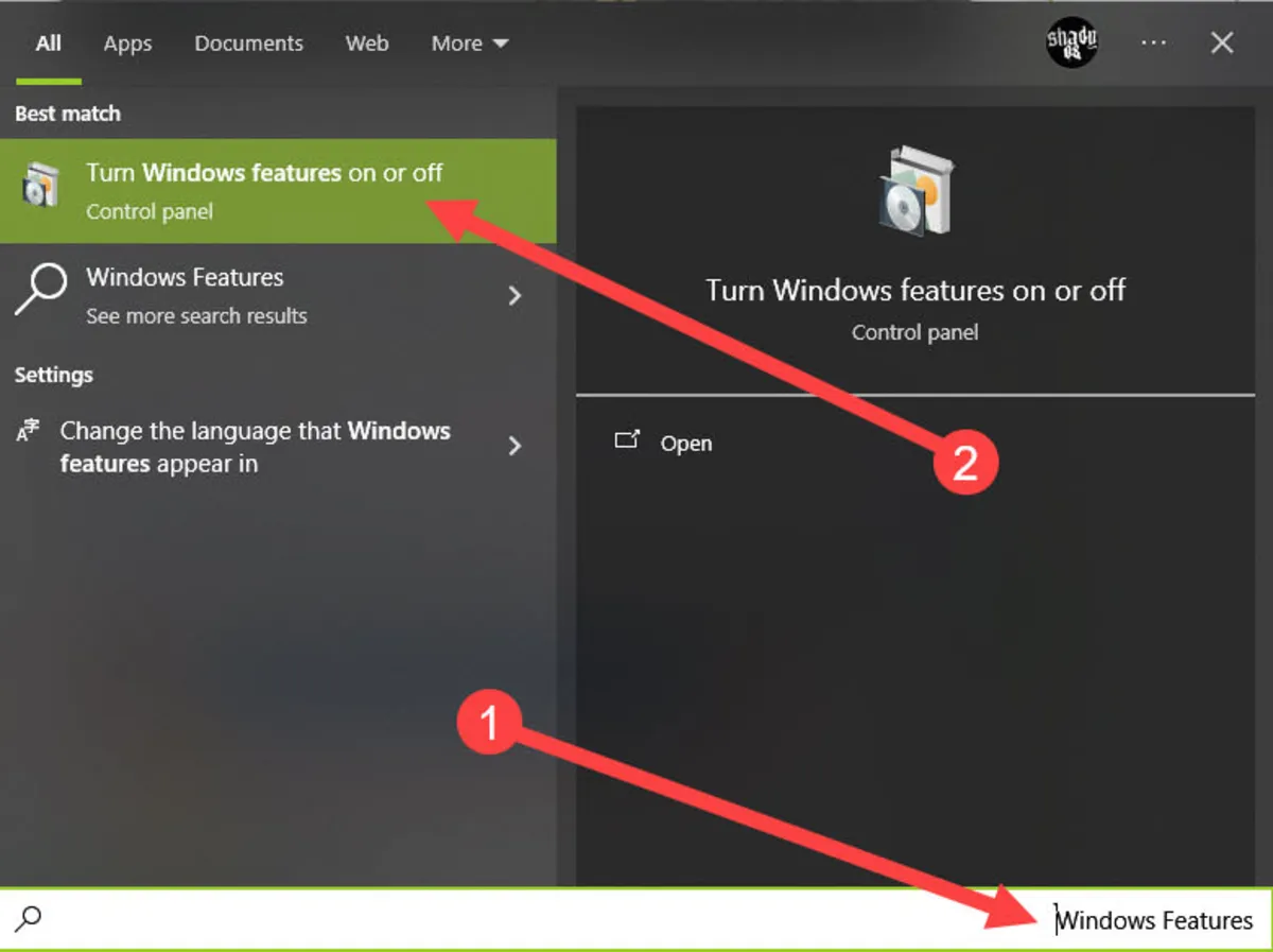 جستجوی Windows Features در منوی استارت