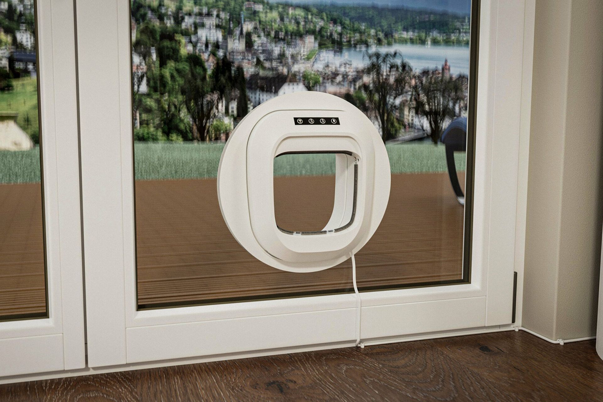 درب گربه ی Flappie از نمای داخل سفید نصب شده روی یک در شیشه‌ای