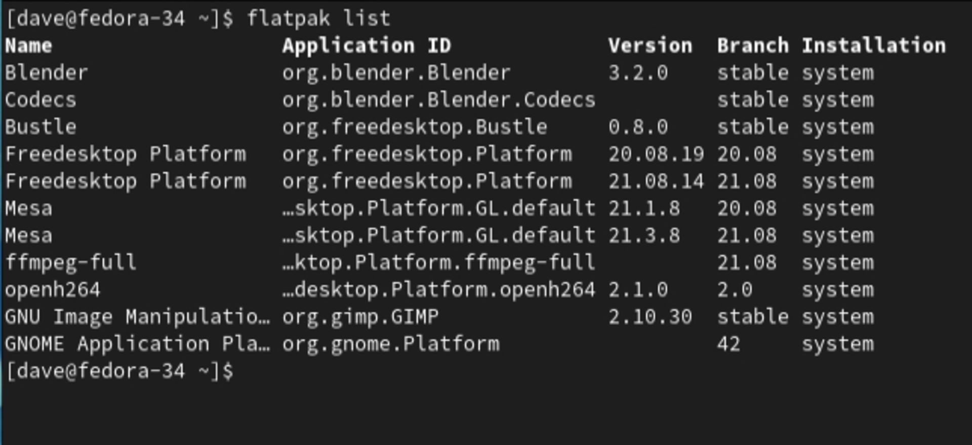 دستور flatpak list و خروجی آن در فدورا