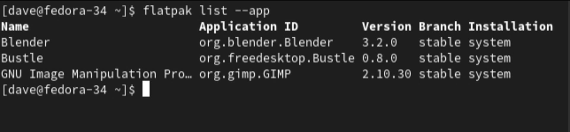 دستور flatpak list --app و خروجی آن در فدورا