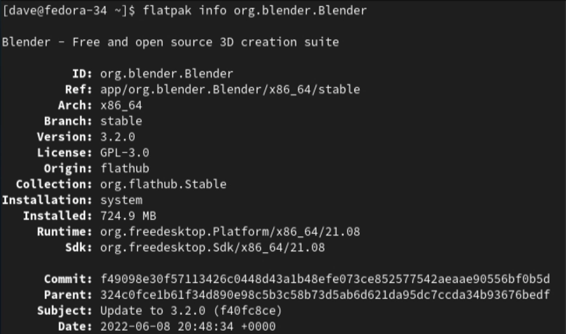 دستور flatpak info org.blender.Blender و خروجی آن در فدورا