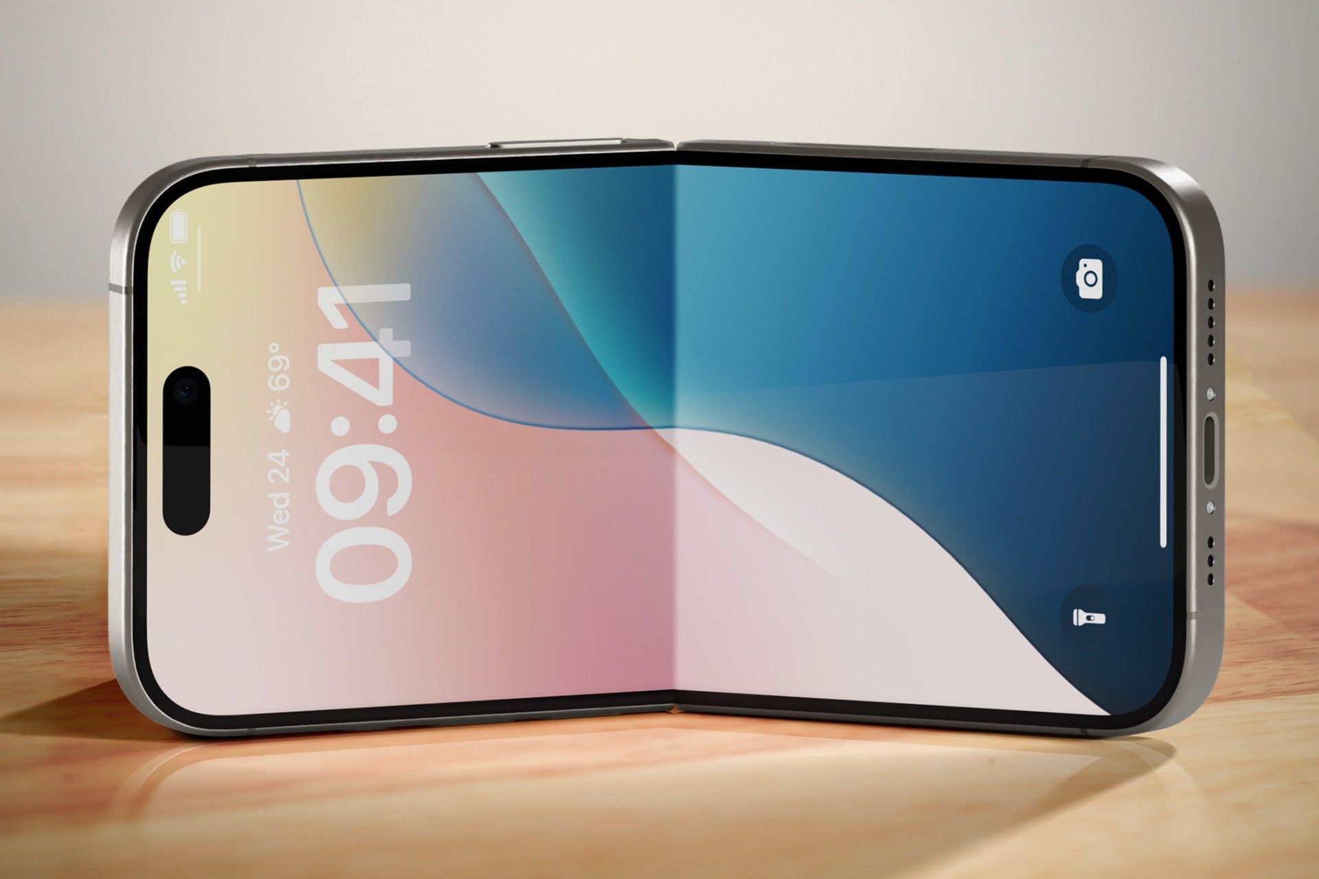 رندر غیررسمی از نمای جلو آیفون تاشدنی صدفی‌شکل