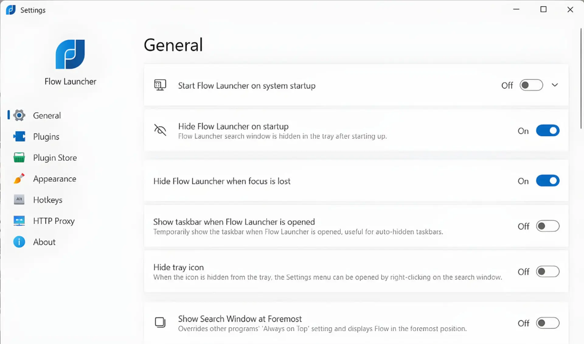 منوی تنظیمات بخش General در نرم‌افزار متن‌باز Flow Launcher