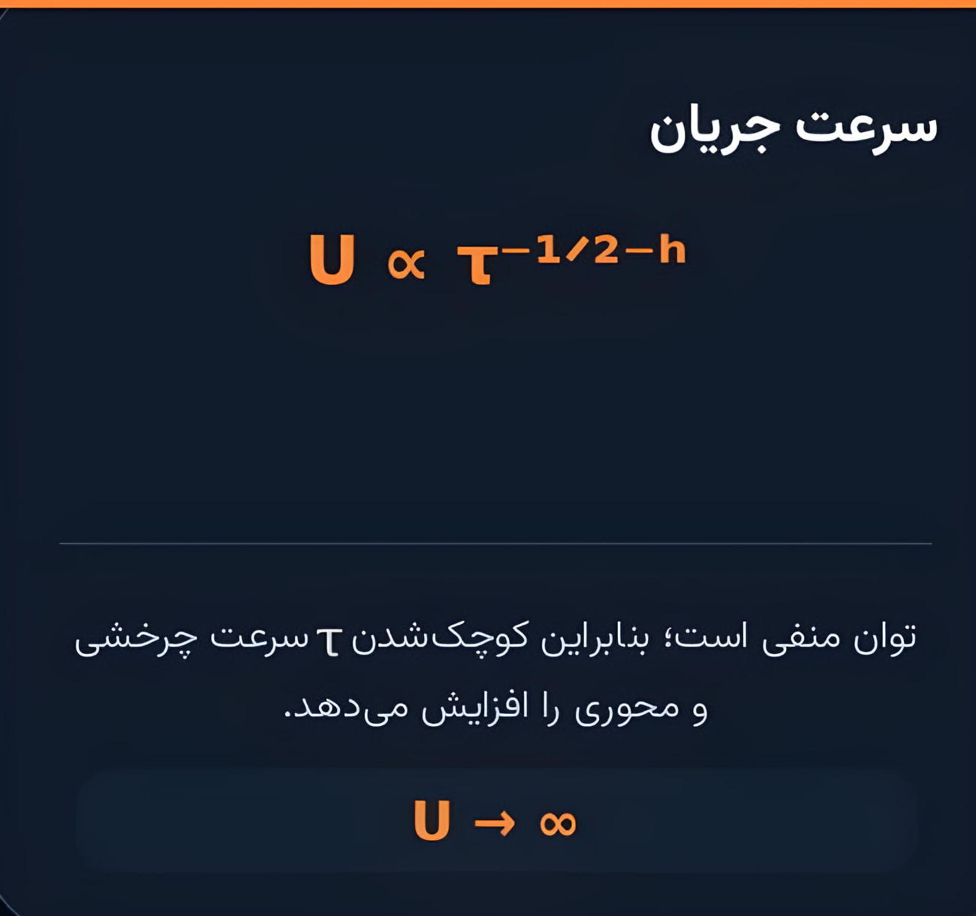 فرمول ریاضی سرعت جریان (U) بر حسب زمان تکینگی (τ) در معادلات ناویر-استوکس
