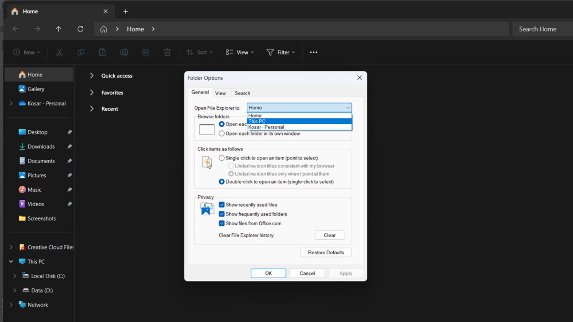 پنجره‌ی Folder options