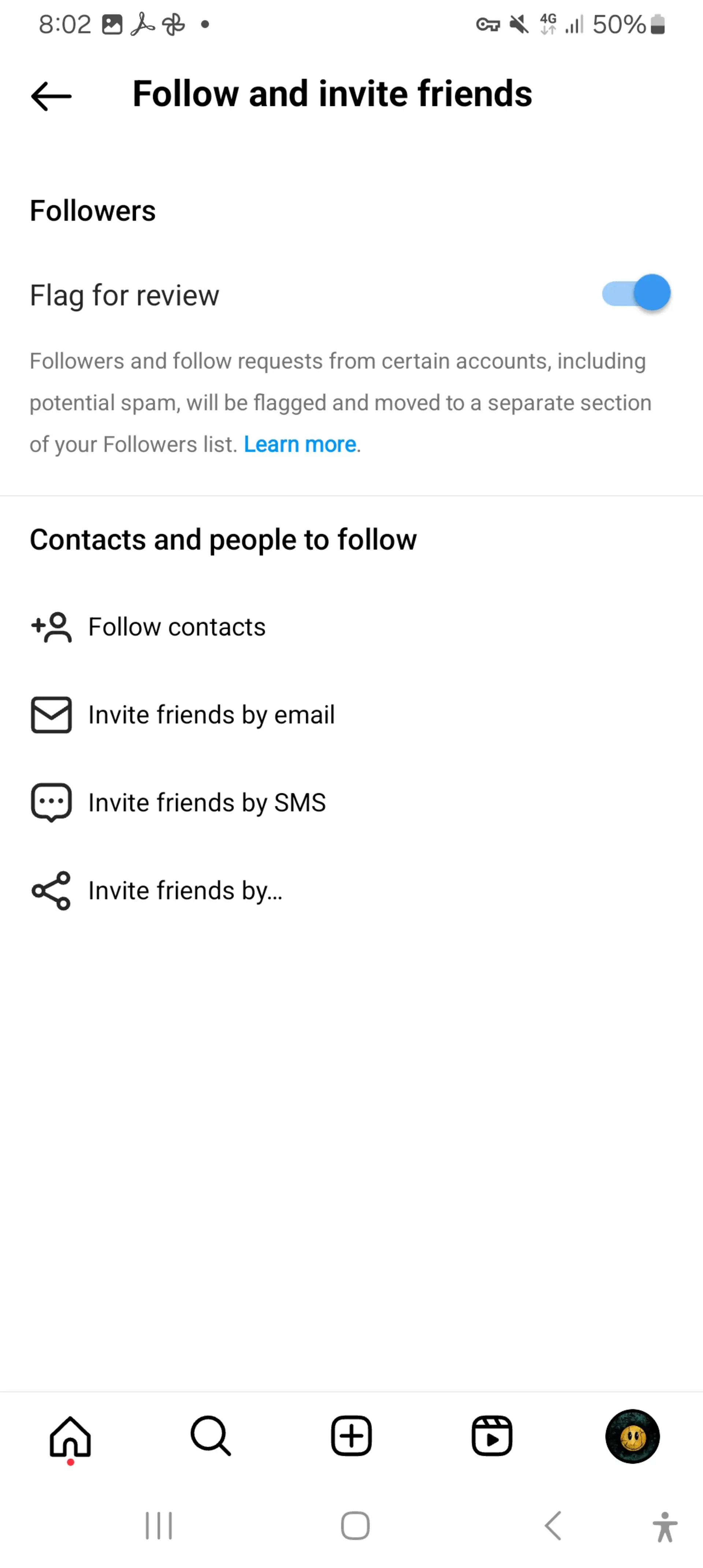گزینه‌ی Follow and invite friends در تنظیمات ارتباط سایر حساب‌های کاربری اینستاگرام با شما