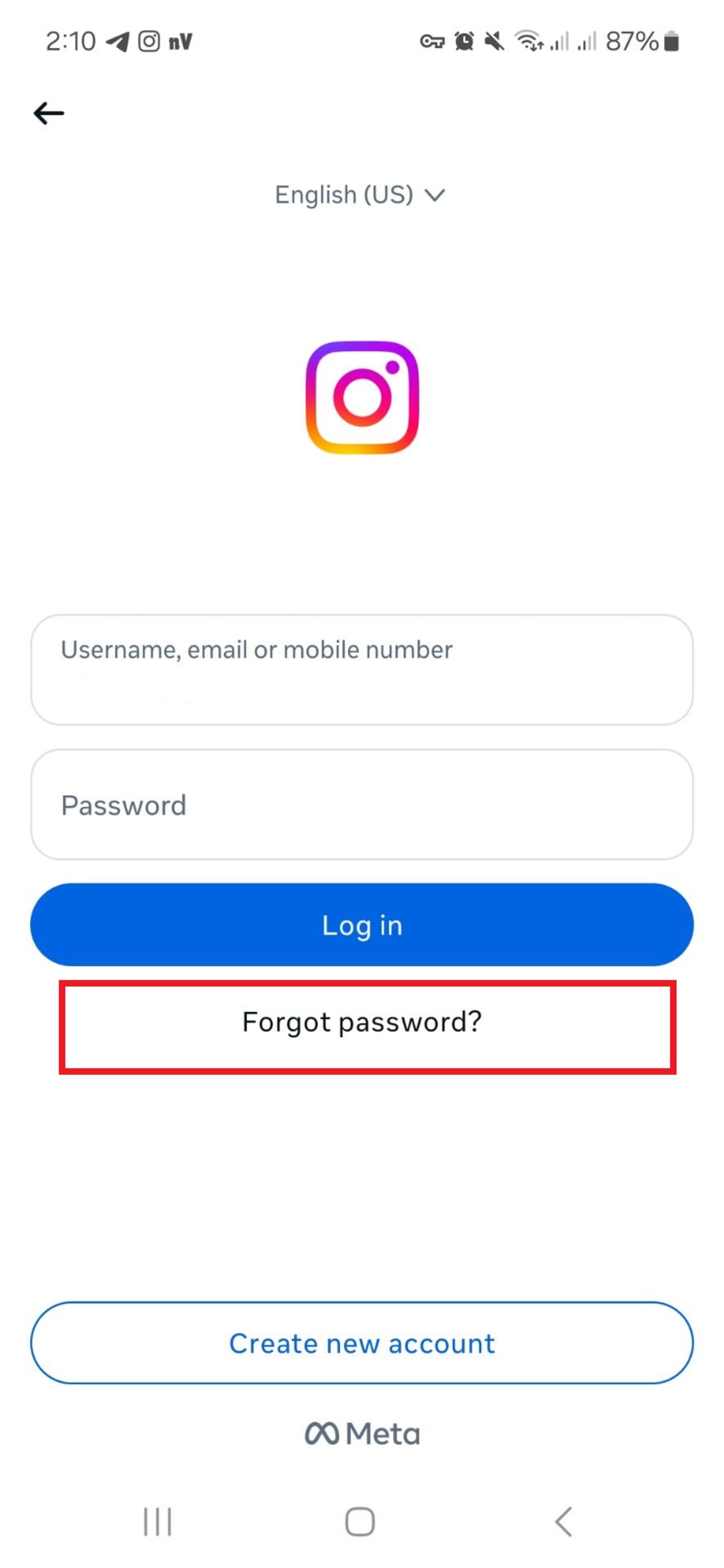گزینه‌ی forget password در اینستاگرام