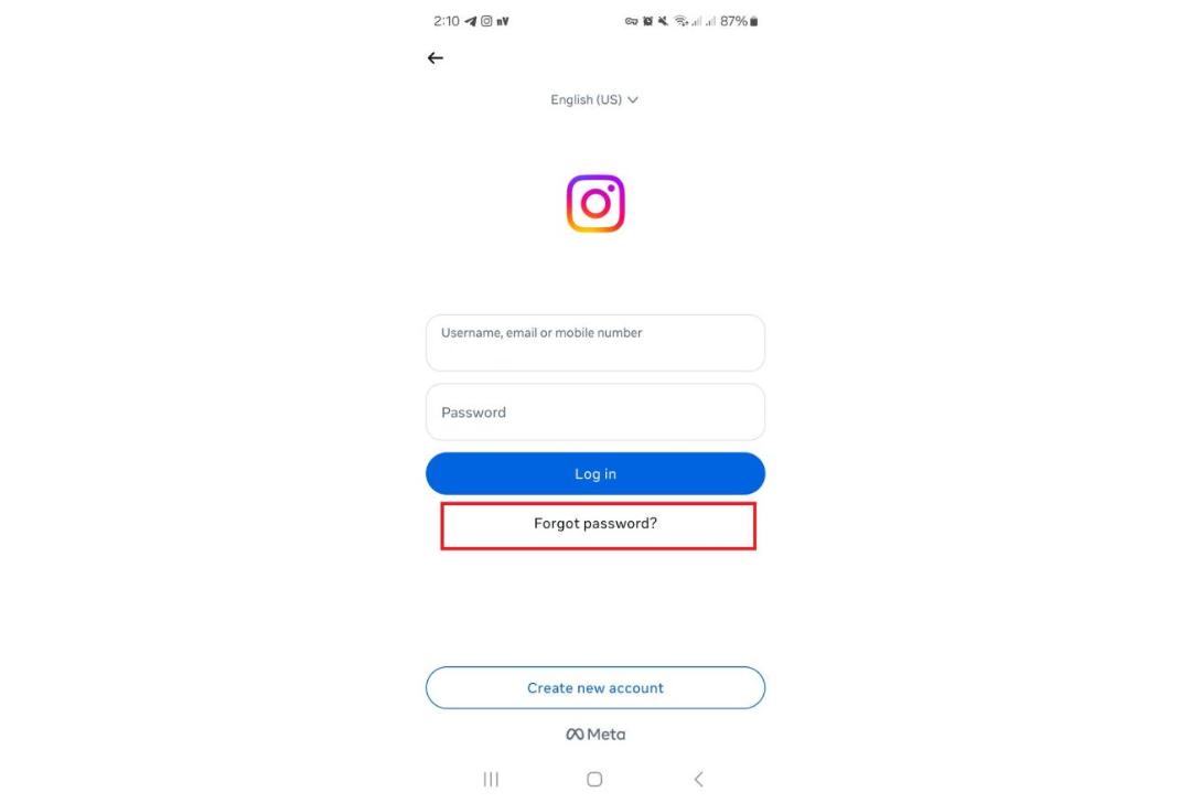 گزینه‌ی forget password اینستاگرام