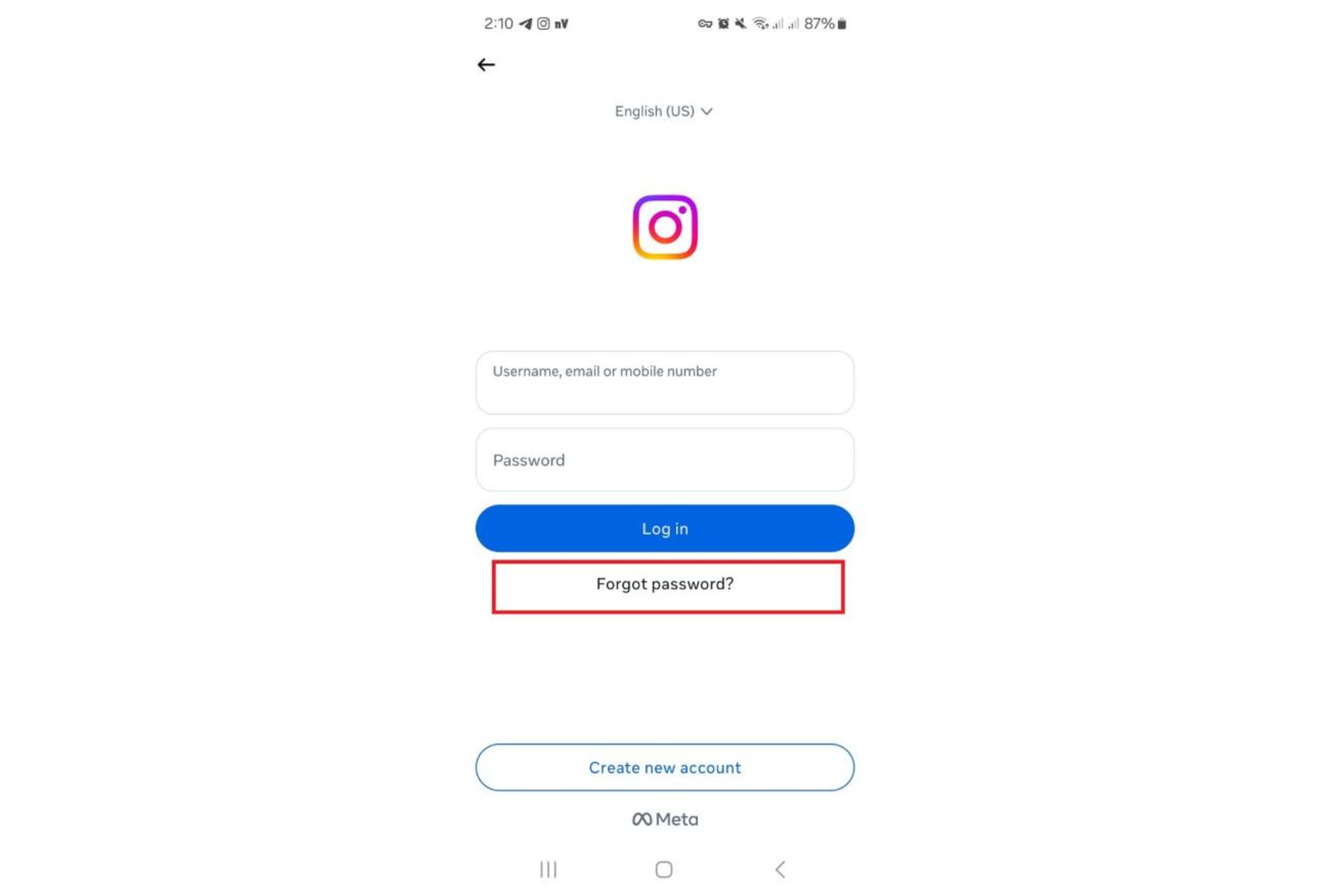 گزینه‌ی forget password اینستاگرام