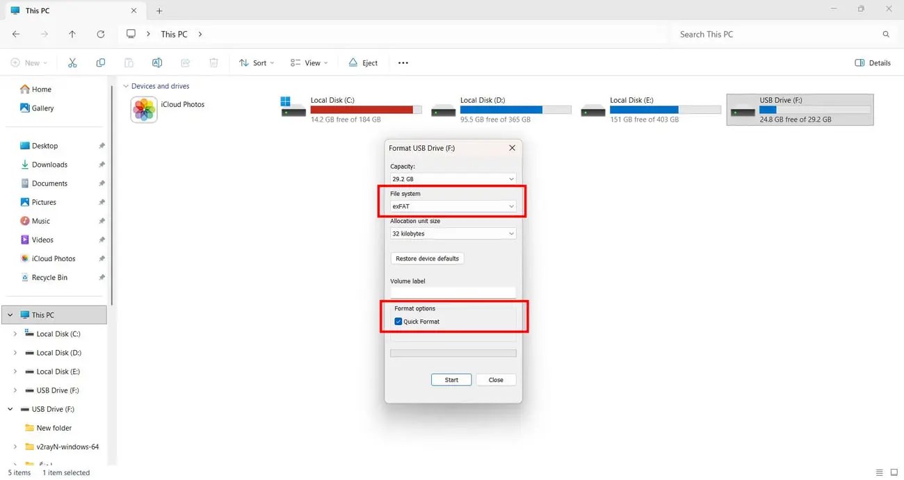 پنجره تنظیمات فرمت کردن فلش مموری (USB Drive) در سیستم‌عامل ویندوز