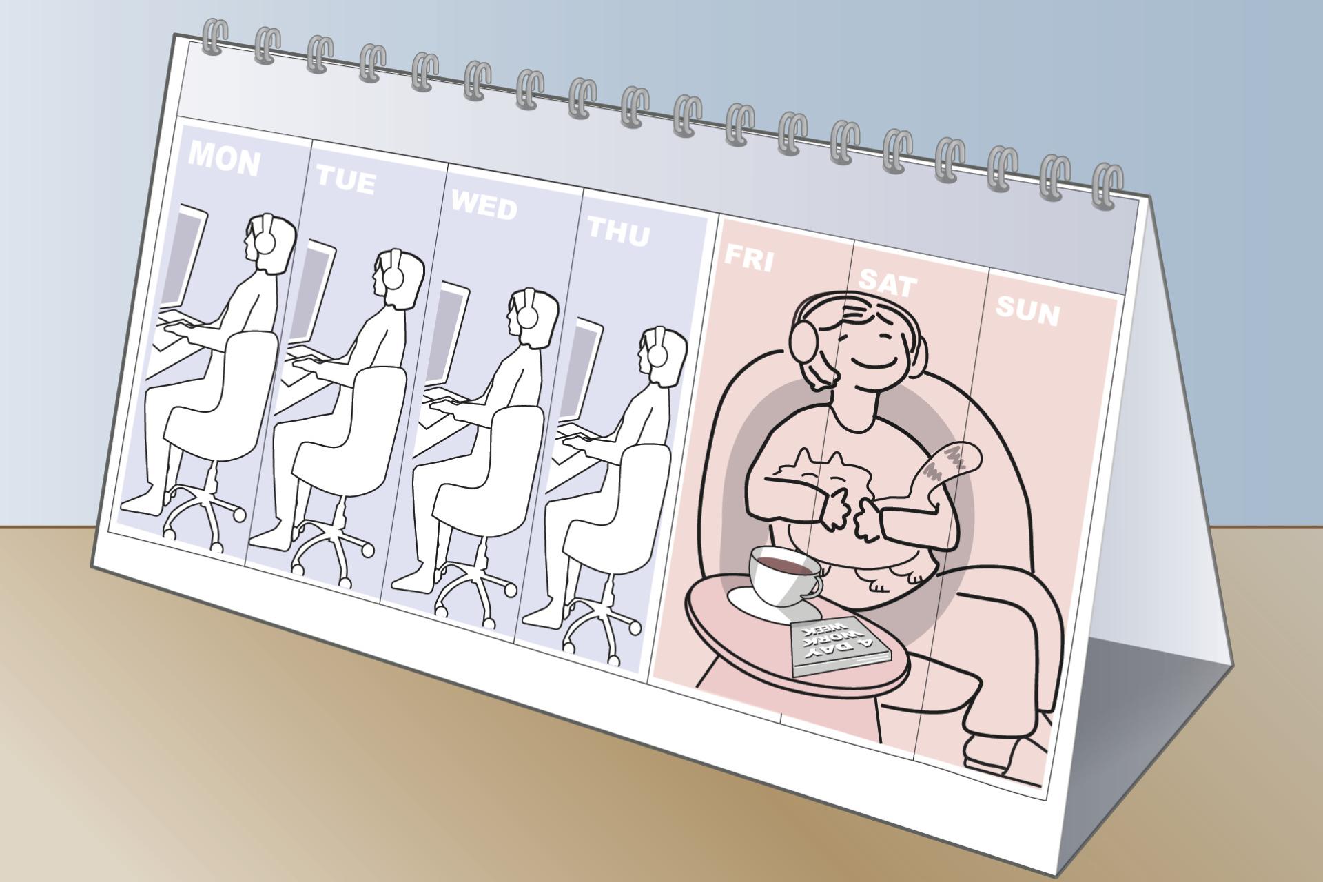 تصویرسازی تقویم هفته کاری چهار روزه روی میز چوبی زمینه آبی