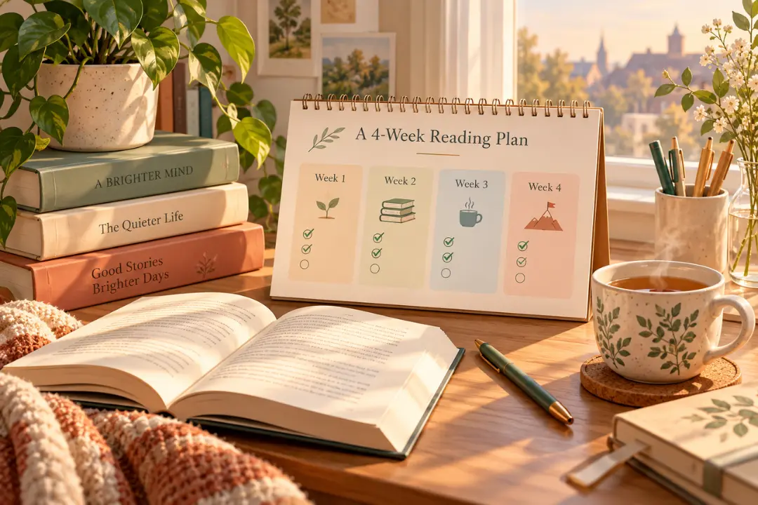تقویم برنامه مطالعه چهار هفته‌ای در کنار کتاب‌های باز و فنجان چای