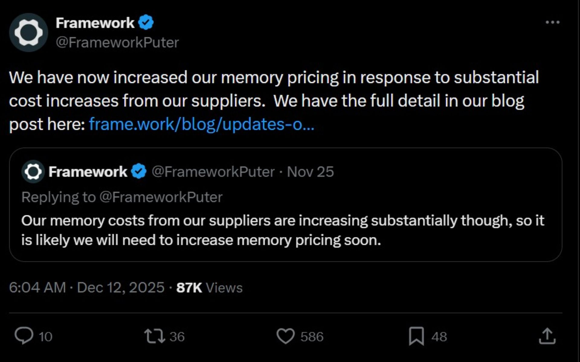 توییت فریم‌ورک درباره افزایش قمیت رم 