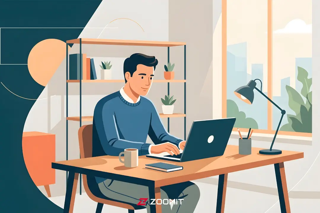 مردی در حال کار با لپ‌تاپ روی میز در یک اتاق کار مدرن