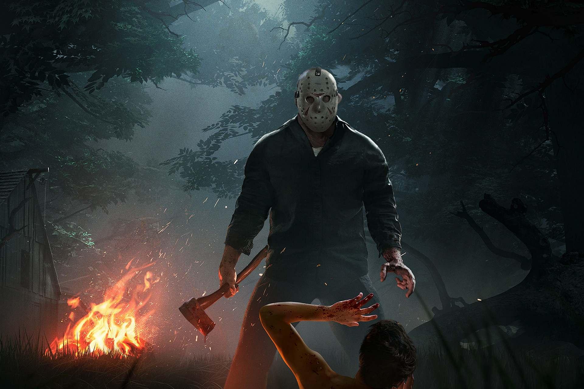 جیسون ورهیز در پوستر فیلم Friday The 13th بالای سر یک قربانی