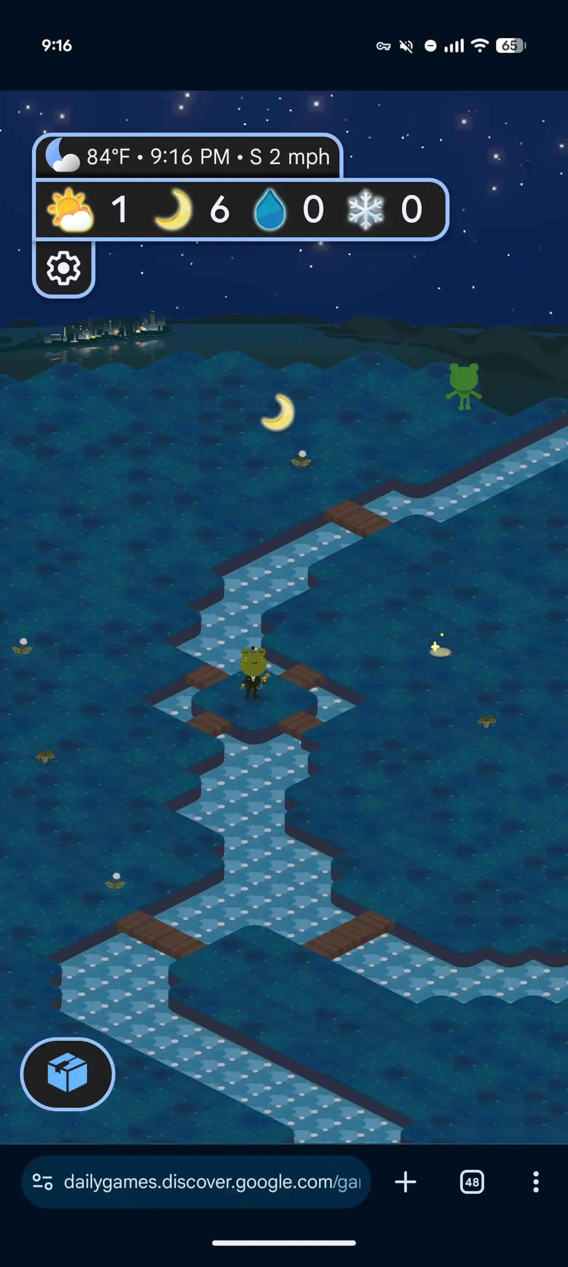 محیط بازی موبایلی Froggy's World با کاراکتر قورباغه در شب