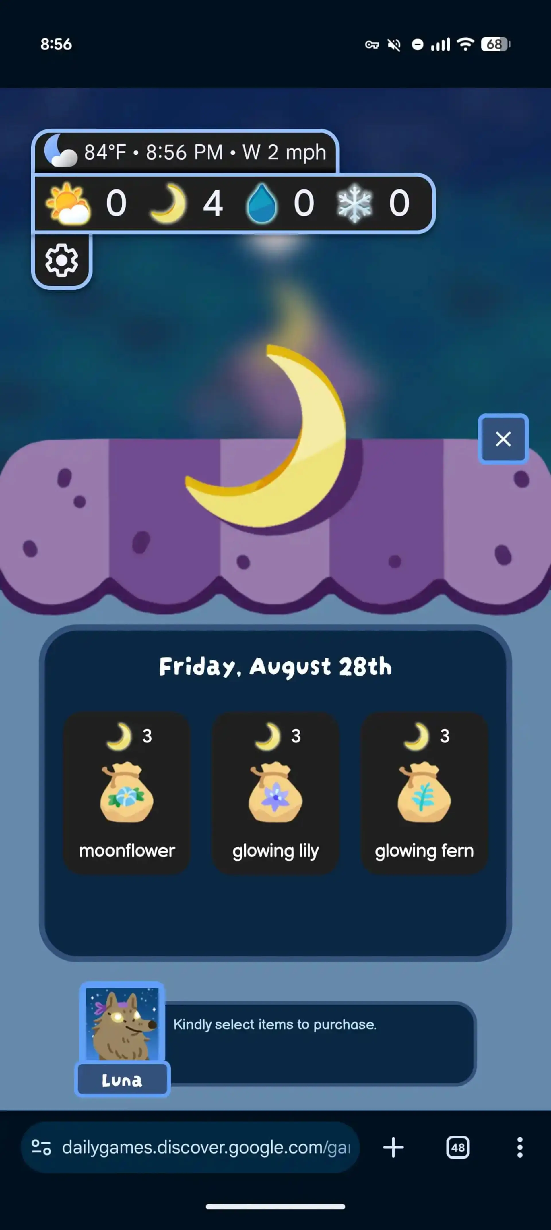 رابط کاربری بازی موبایلی Froggy's World با آیتم‌های moonflower و glowing lily