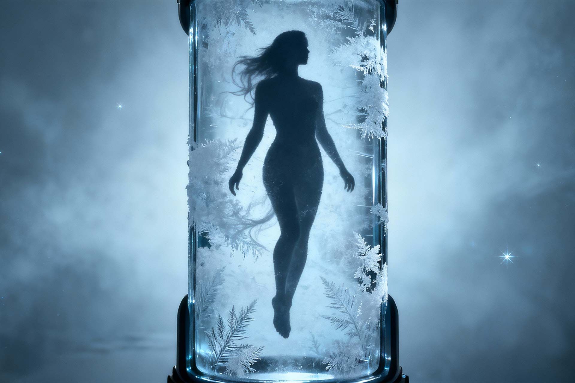 تصویرسازی از یک زن درون کپسول انجماد