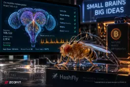 مغز مگس میوه (Drosophila melanogaster) در کنار نمایشگر داده‌های استخراج بیت‌کوین